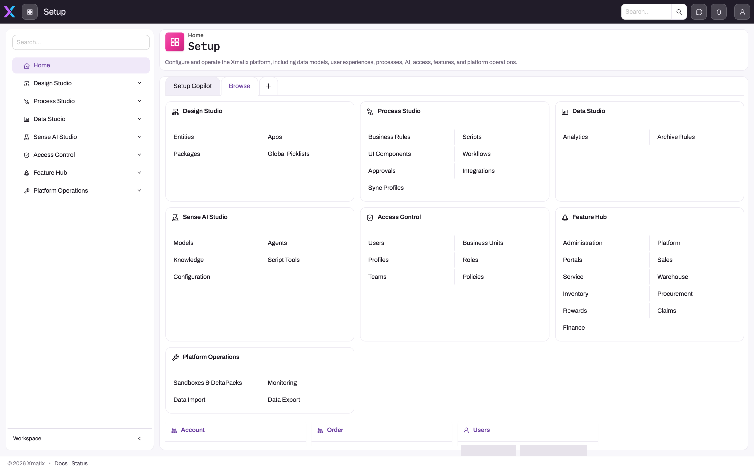 Setup home page on the Browse tab showing section cards for Design Studio, Process Studio, Data Studio, Sense AI Studio, Access Control, Feature Hub and Platform Operations