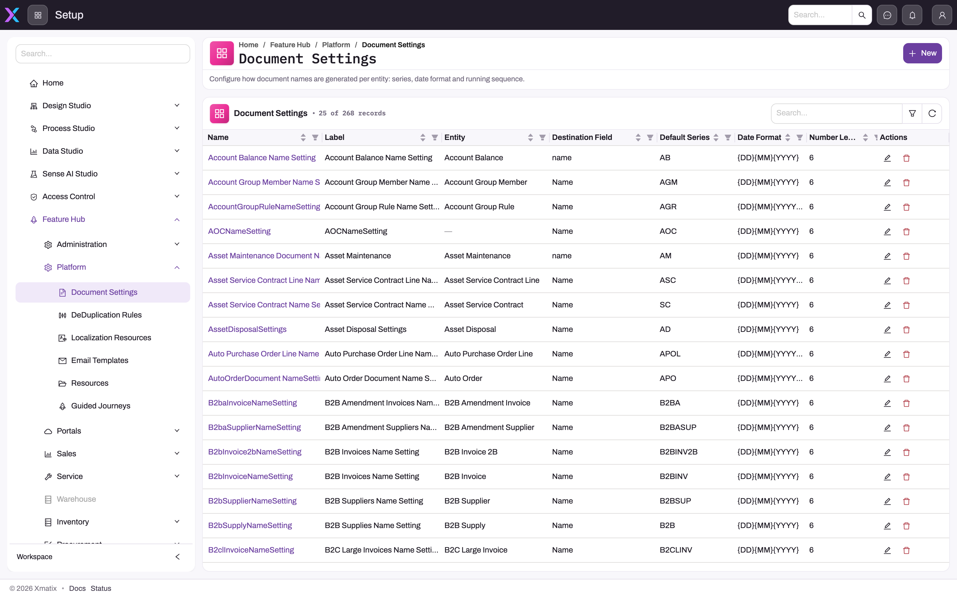 Document Settings list showing one numbering setting per entity with Destination Field, Default Series, Date Format and Number Length columns