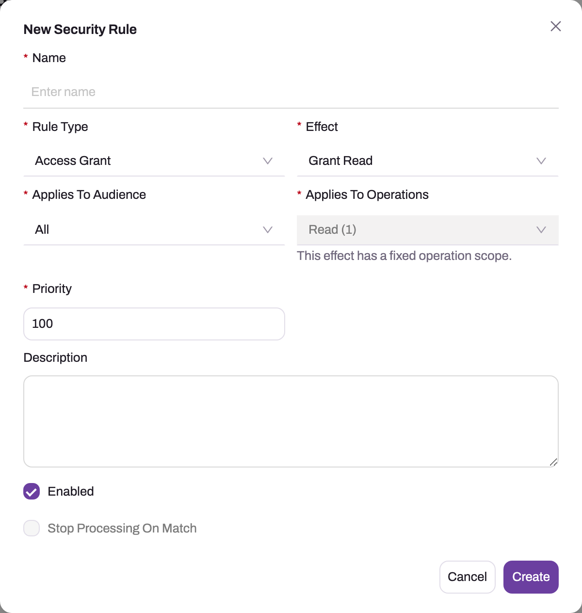 New Security Rule dialog with Name, Rule Type Access Grant, Effect Grant Read, Applies To Audience All, Applies To Operations fixed to Read, Priority 100, Description, and the Enabled and Stop Processing On Match toggles