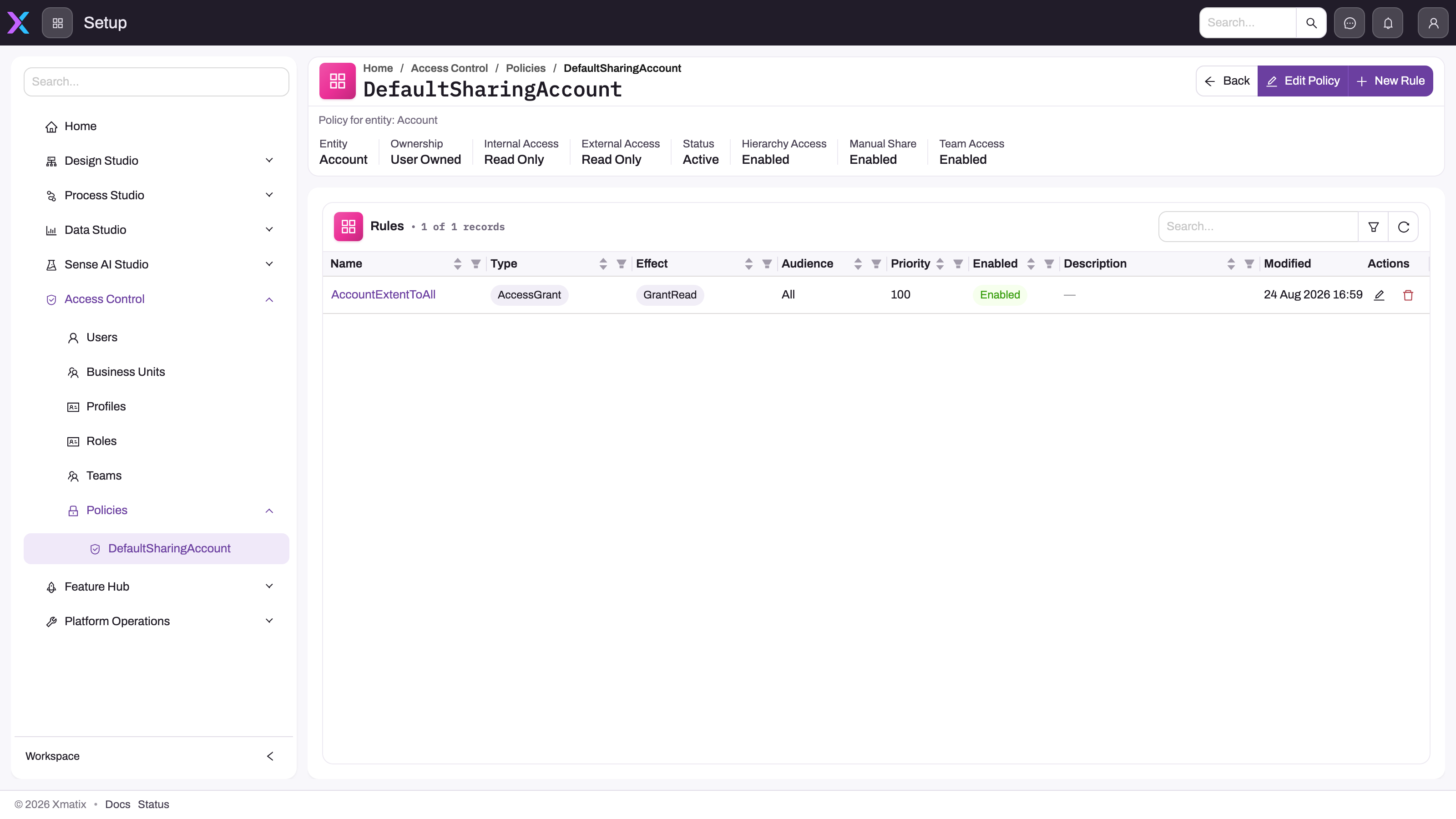Policy detail page for DefaultSharingAccount: header statistics for entity, ownership, internal and external access, status, hierarchy, manual share and team access, with the Rules table listing one enabled Grant Read rule