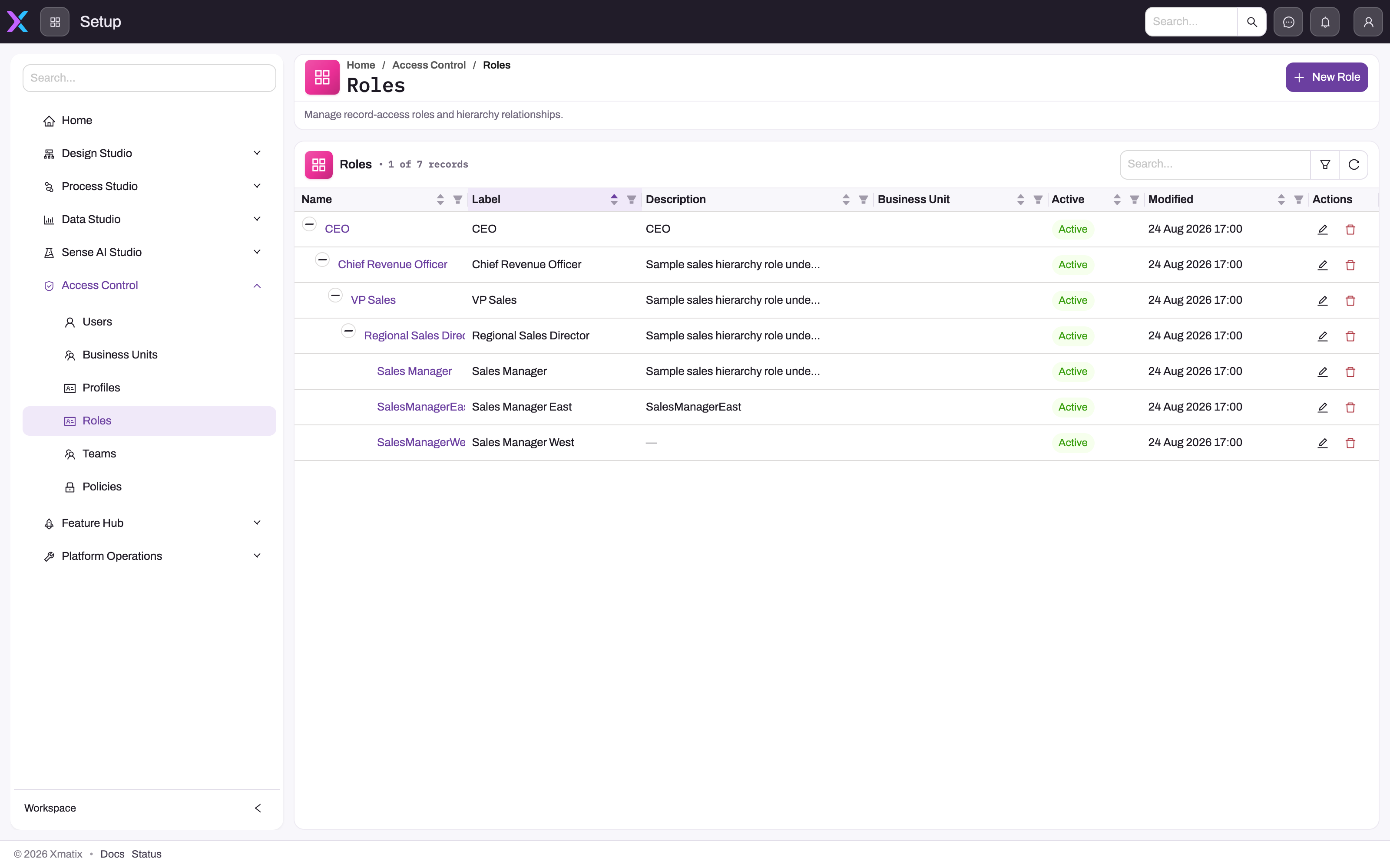 Roles screen under Access Control rendering an indented hierarchy from CEO through Chief Revenue Officer, VP Sales and Regional Sales Director down to sales managers, with Business Unit and Active columns