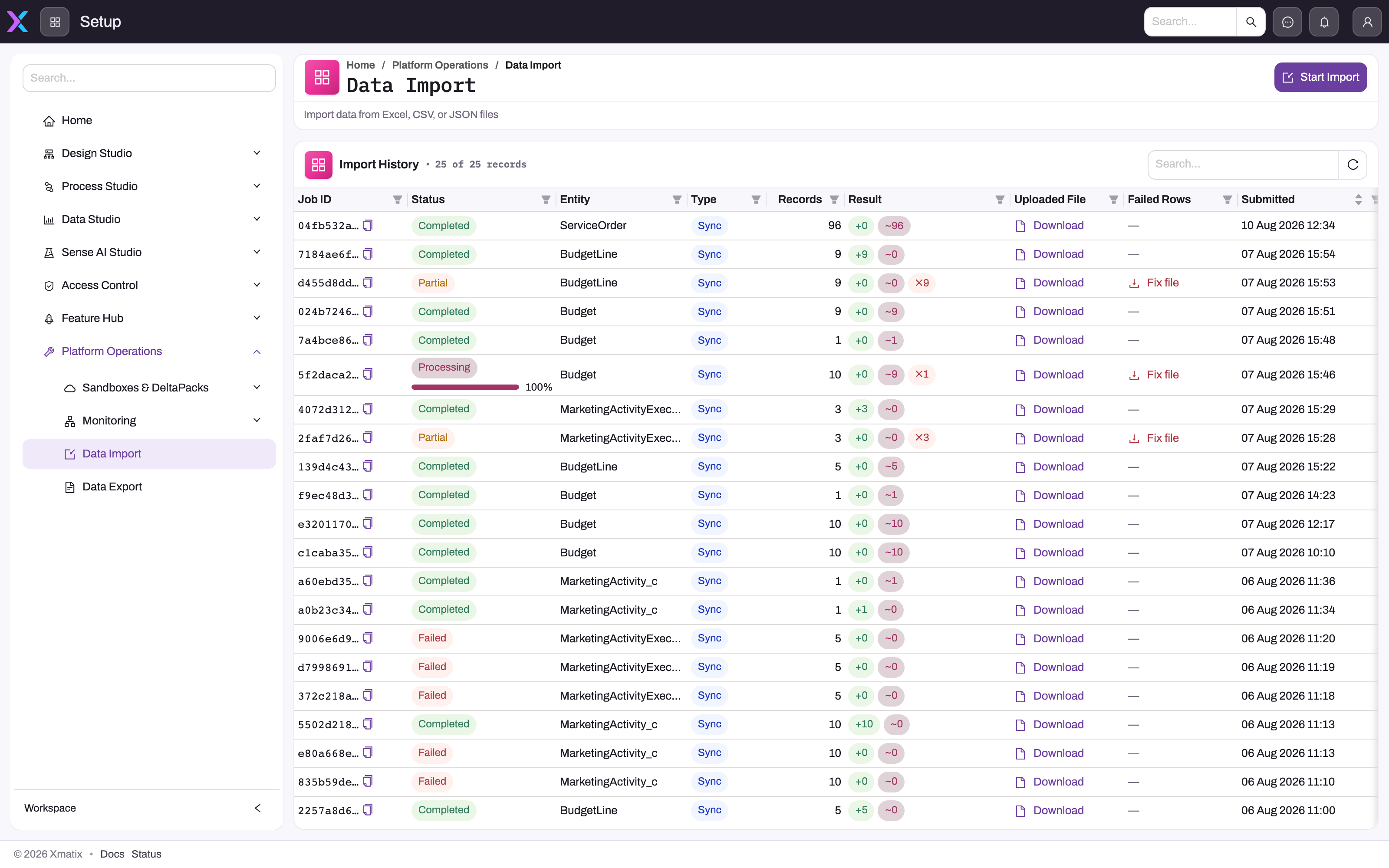 Data Import page whose body is the Import History table: job id, status, entity, type, records, result counts, uploaded file, failed rows and submitted time