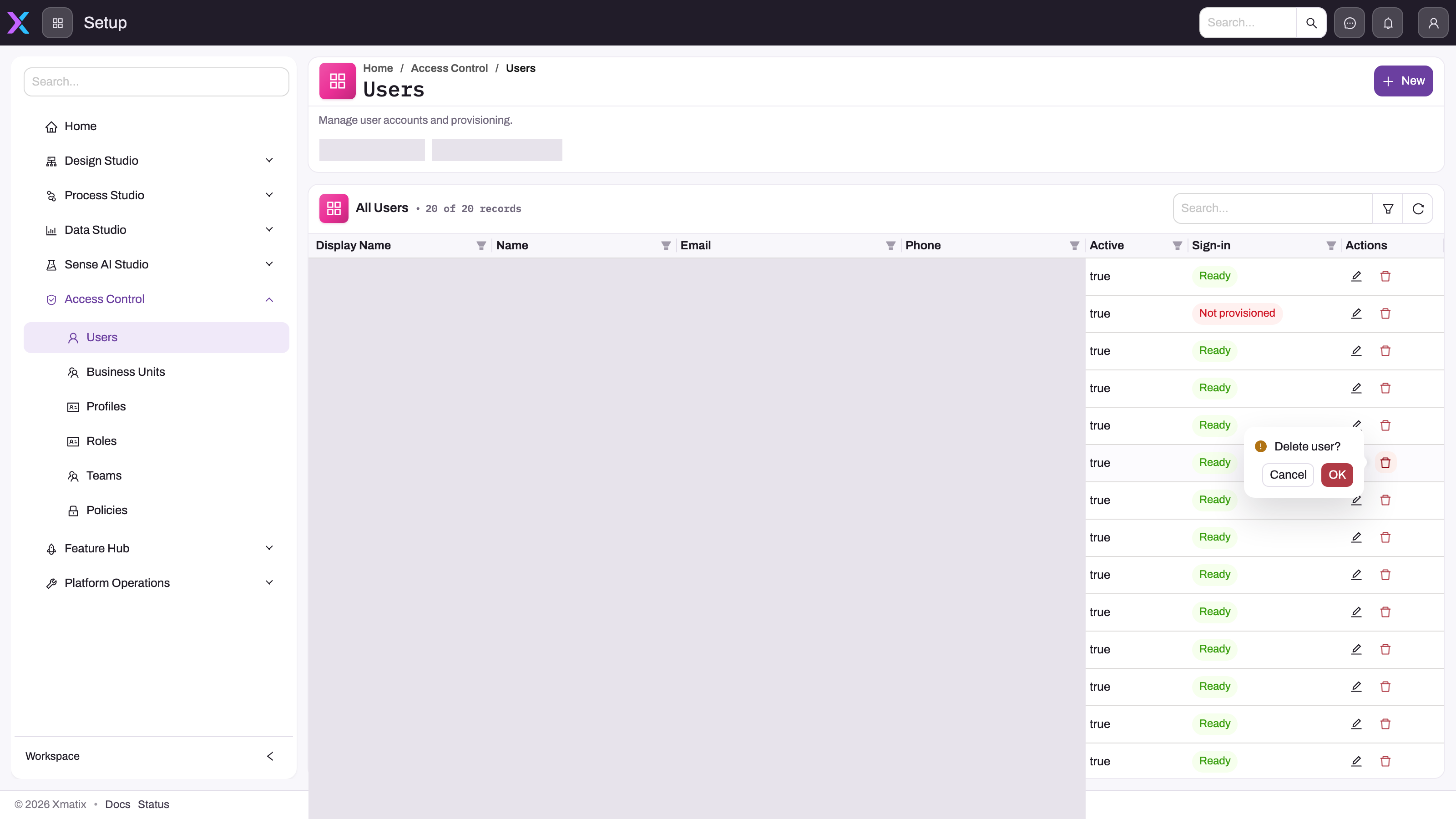 Users list with identity columns concealed and the Delete user confirmation open