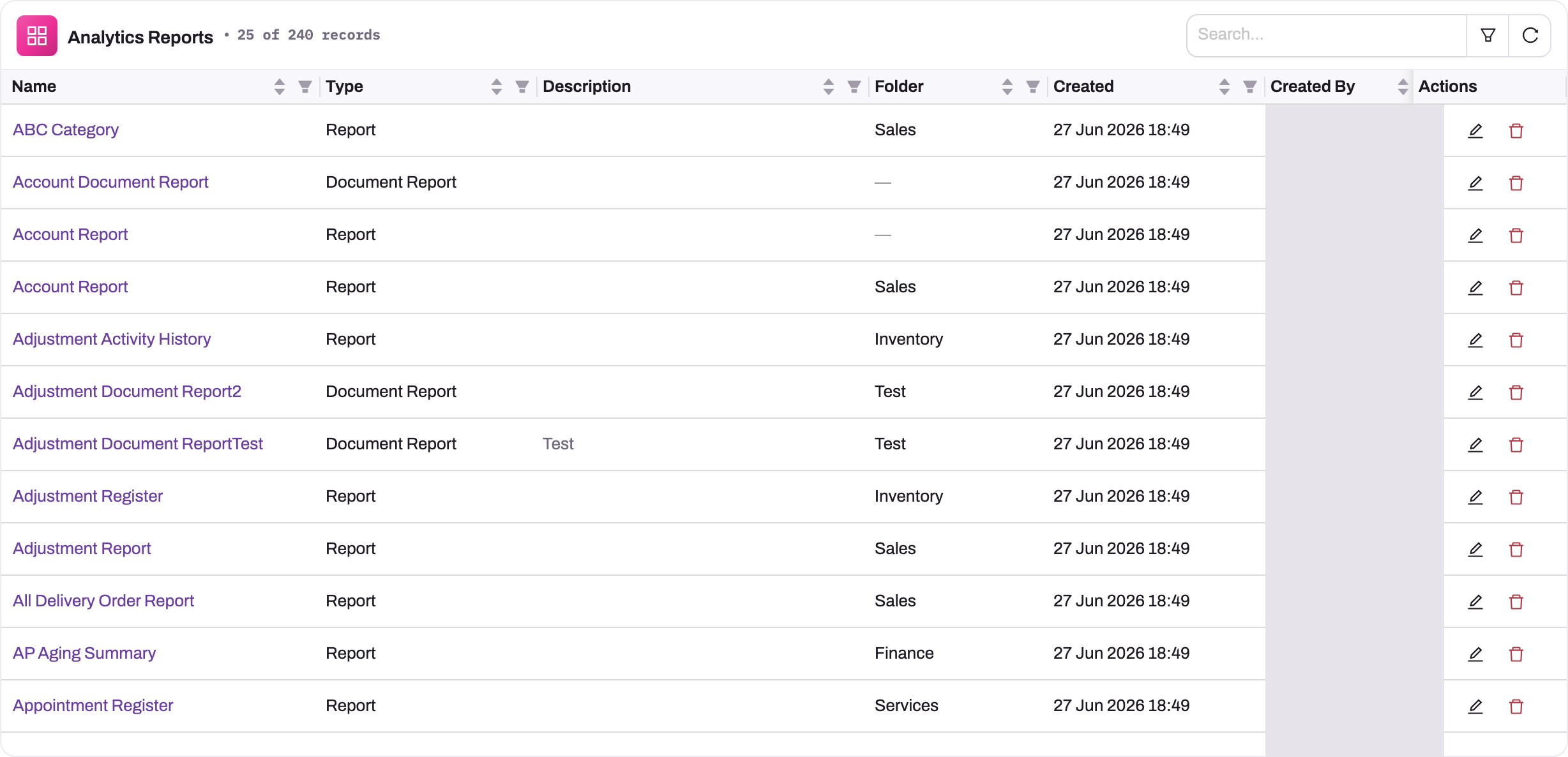 Setup → Data Studio → Analytics, Reports tab: the Analytics Reports table listing 25 of 240 records with Name, Type, Description, Folder, Created and Created By columns (Created By masked), two rows both named Account Report in different folders, search, filter and refresh controls, and Edit and Delete row actions