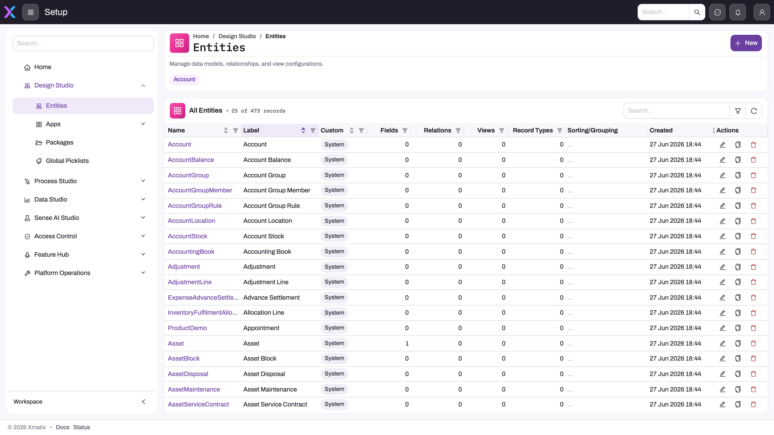 Setup navigation and Entities registry showing the main platform configuration studios