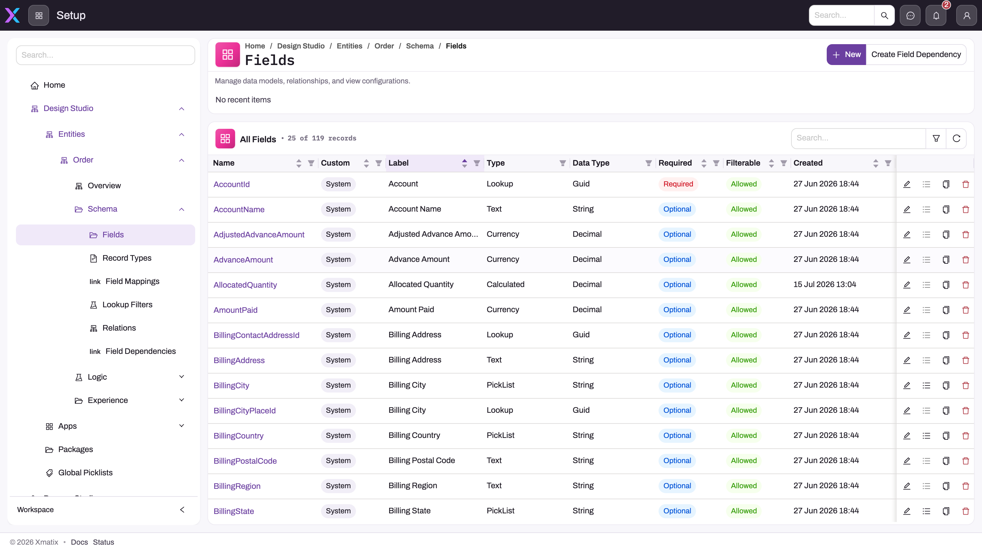 Setup Design Studio showing the Order entity's Fields register: breadcrumb Home / Design Studio / Entities / Order / Schema / Fields, the Schema, Logic and Experience sub-pages in the left navigation, and 119 fields listed with Custom, Type, Data Type, Required and Filterable columns