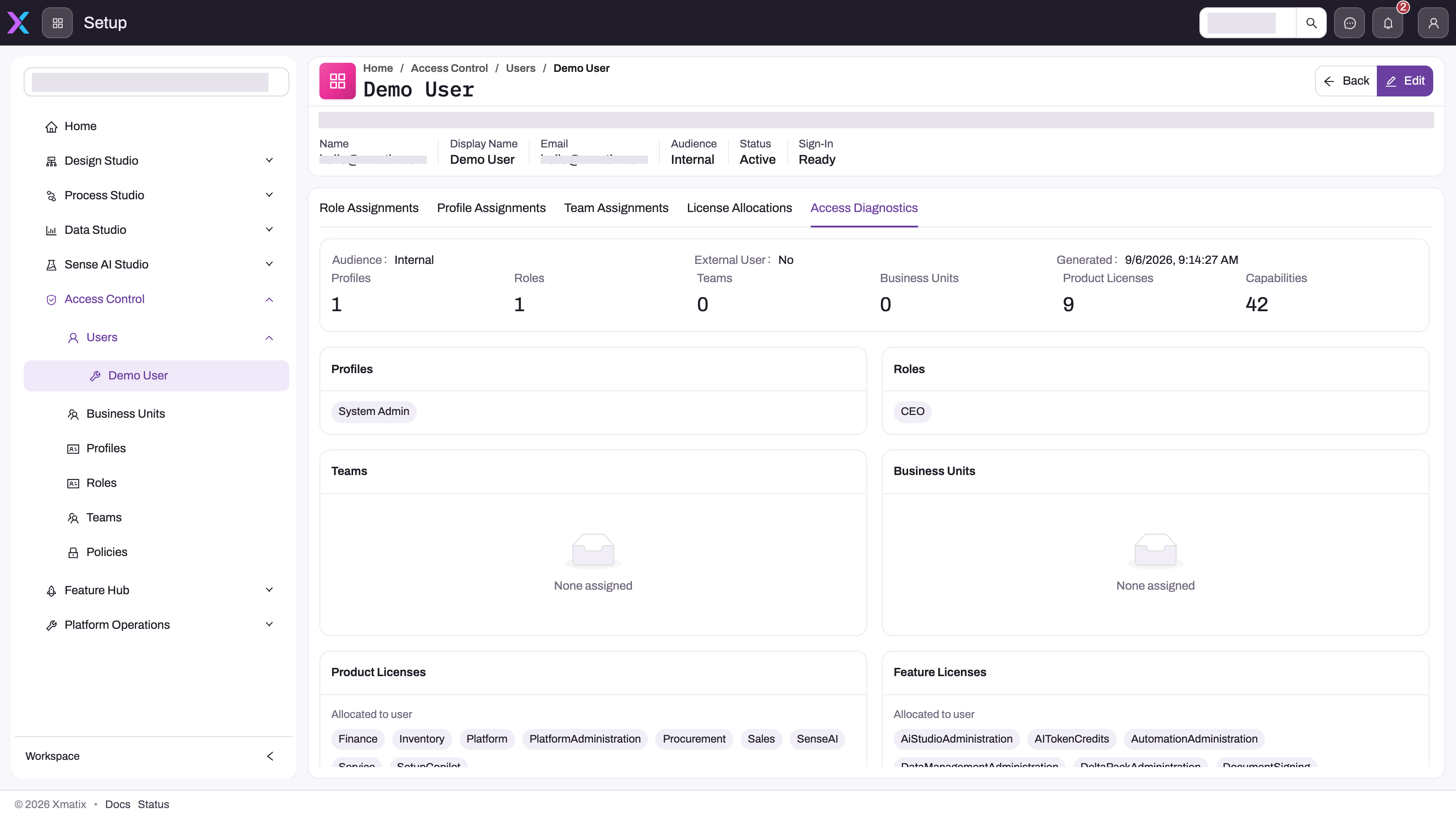 A user's Access Diagnostics tab under Setup → Access Control → Users: audience Internal, counts of profiles, roles, teams, business units, product licenses and capabilities, then cards listing the resolved profile, role, teams, business units and the allocated product and feature licenses