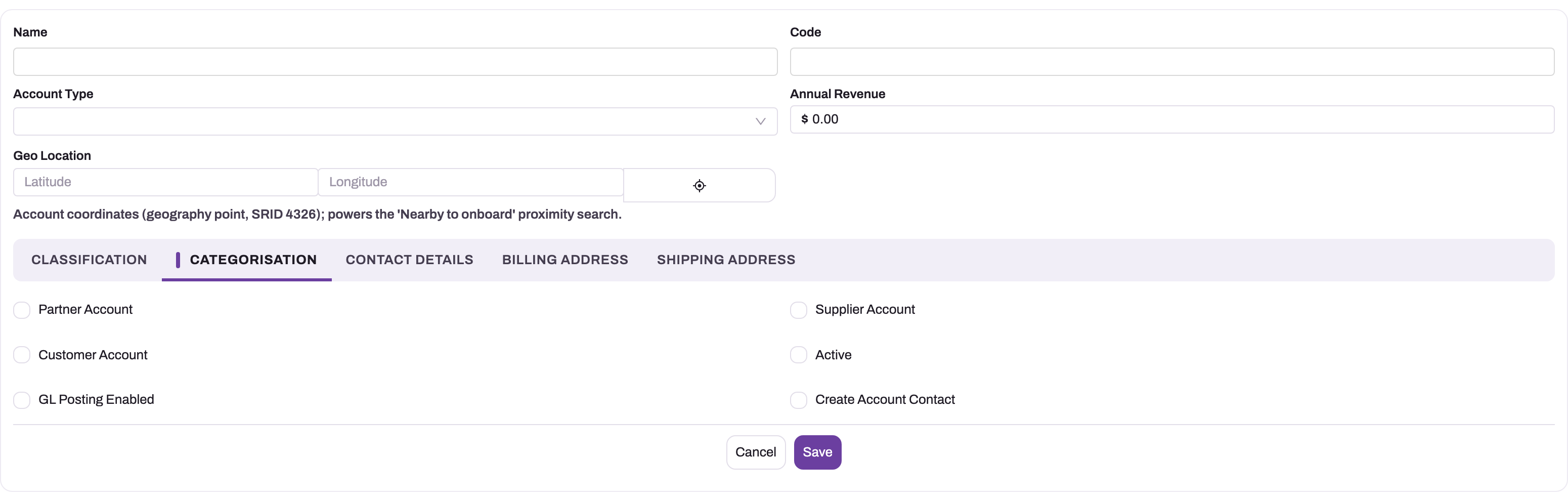 Unsaved New Account form: Name, Code, Account Type, Annual Revenue and Geo Location above the Categorisation tab, whose switches are Partner Account, Customer Account, GL Posting Enabled, Supplier Account, Active and Create Account Contact