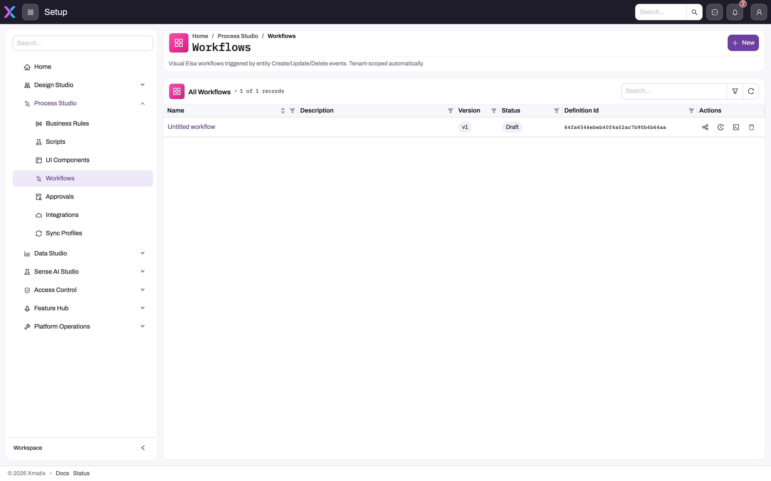 Workflows list under Setup → Process Studio with the New action and one Draft workflow row showing Version, Status and row actions