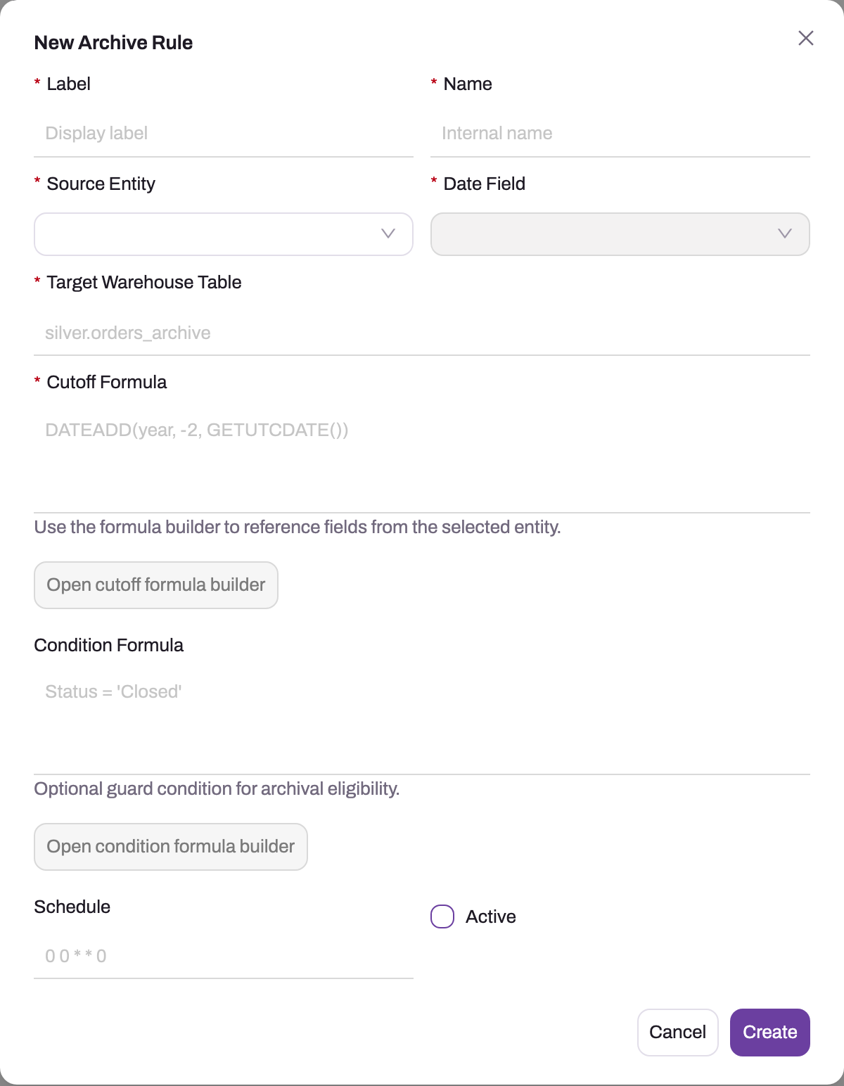 New Archive Rule dialog with Label, Name, Source Entity, Date Field, Target Warehouse Table, Cutoff Formula, Condition Formula, Schedule and Active