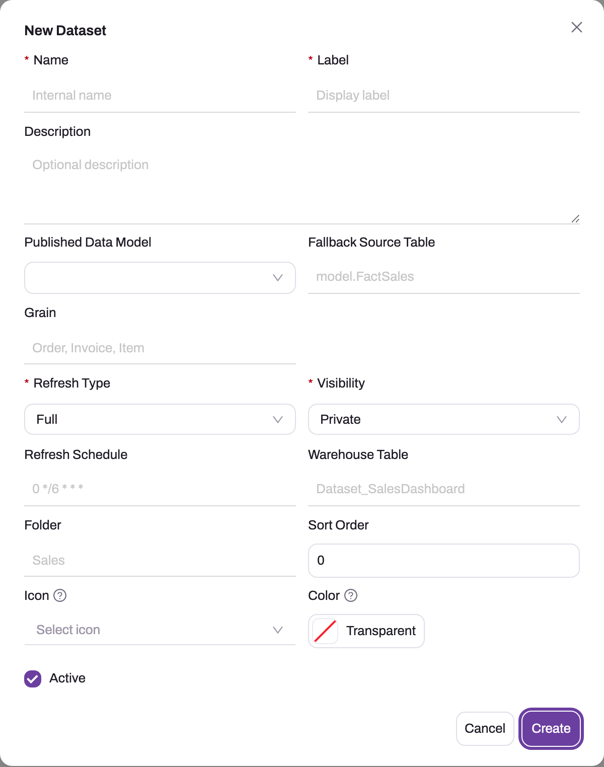 New Dataset dialog with Name, Label, Description, Published Data Model, Fallback Source Table, Grain, Refresh Type, Visibility, Refresh Schedule, Warehouse Table, Folder, Sort Order, Icon, Color and Active