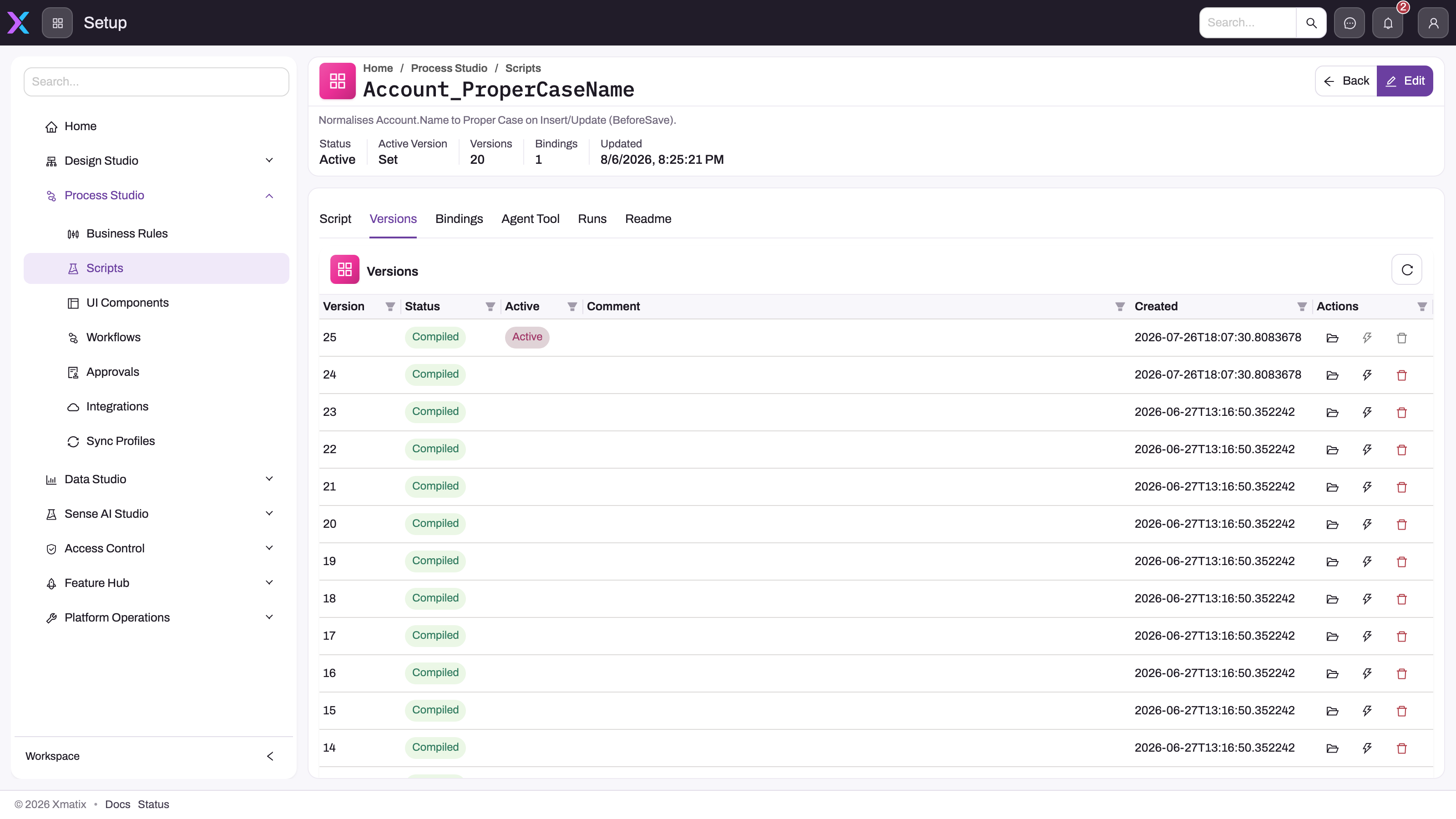Automation script detail page with the Versions tab selected: the statistics bar shows Status, Active Version, Versions and Bindings, and the version table lists compiled versions with one tagged Active