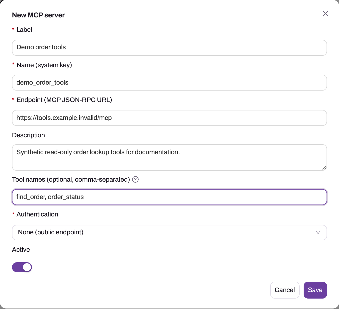 New MCP server dialog with Label, Name (system key), Endpoint, Description, Tool names, Authentication and Active