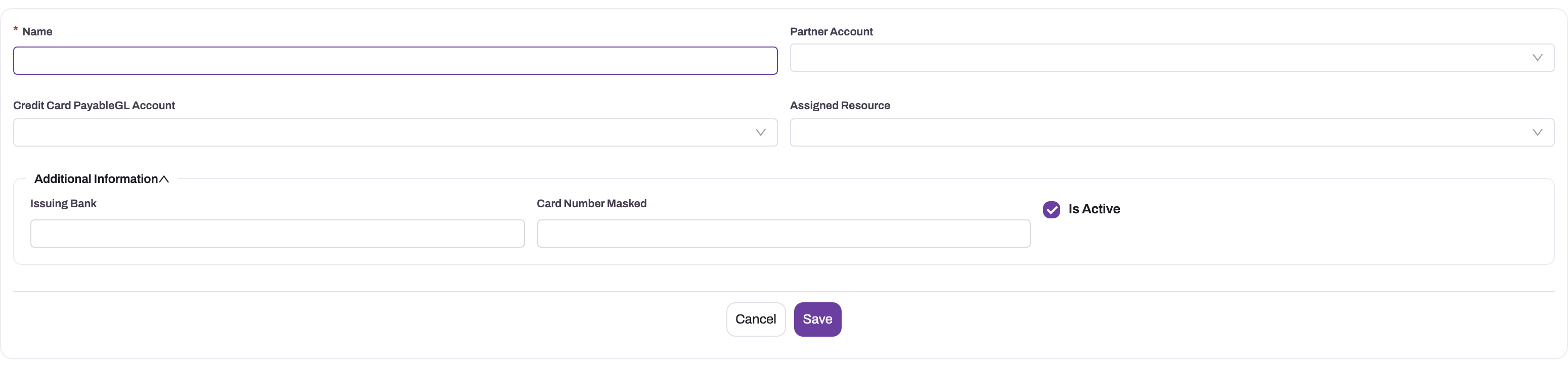 Company Card form showing Partner Account, Assigned Resource, issuing bank, masked card reference and payable account