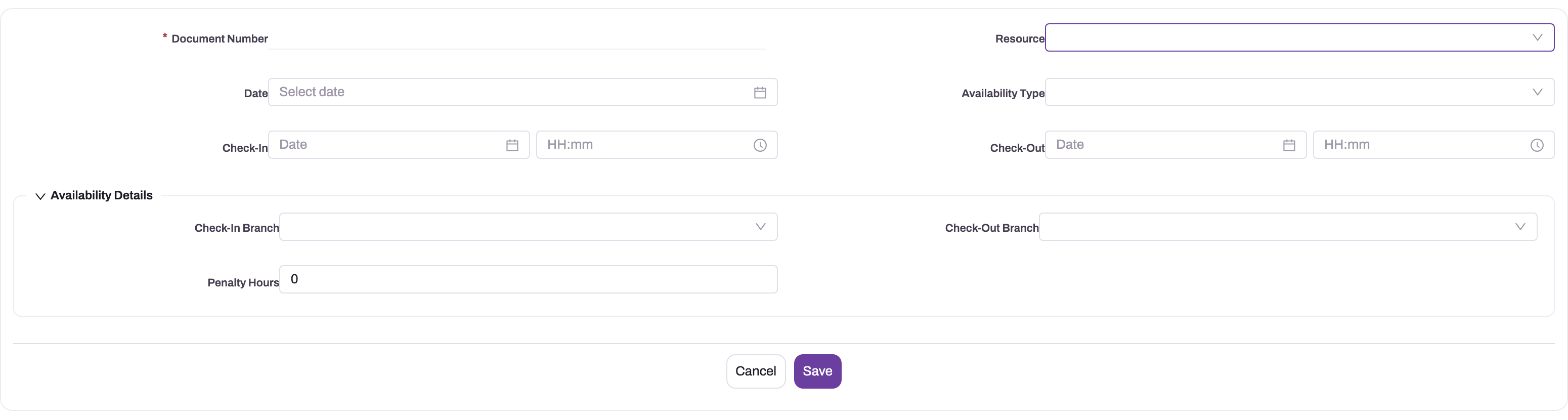 Resource Availability form showing attendance date, resource, check-in and check-out fields