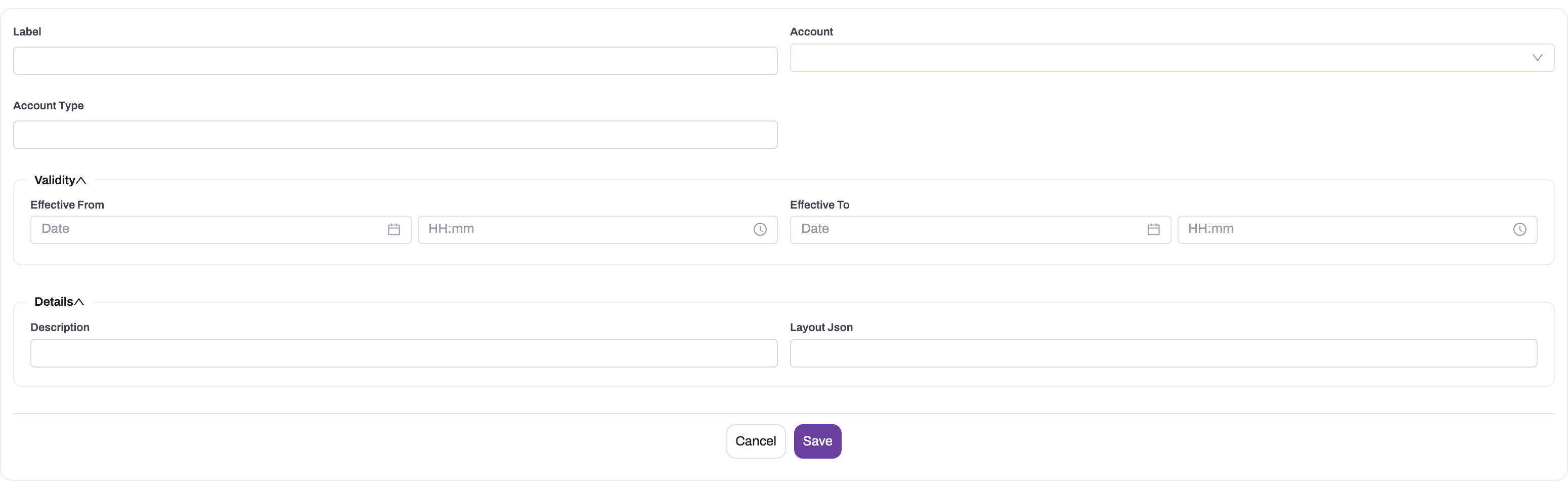 Planogram form showing outlet scope, validity window, description and Layout JSON