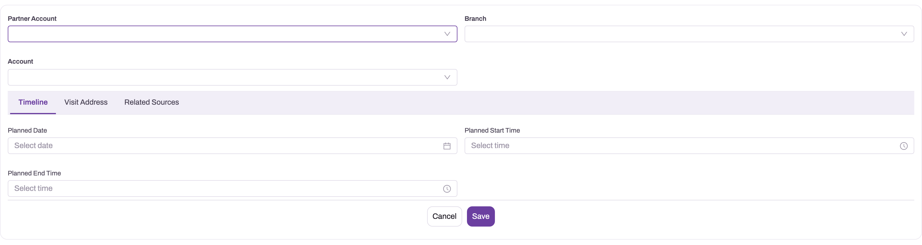 Visit form showing customer, branch, timeline, address and related-source structure