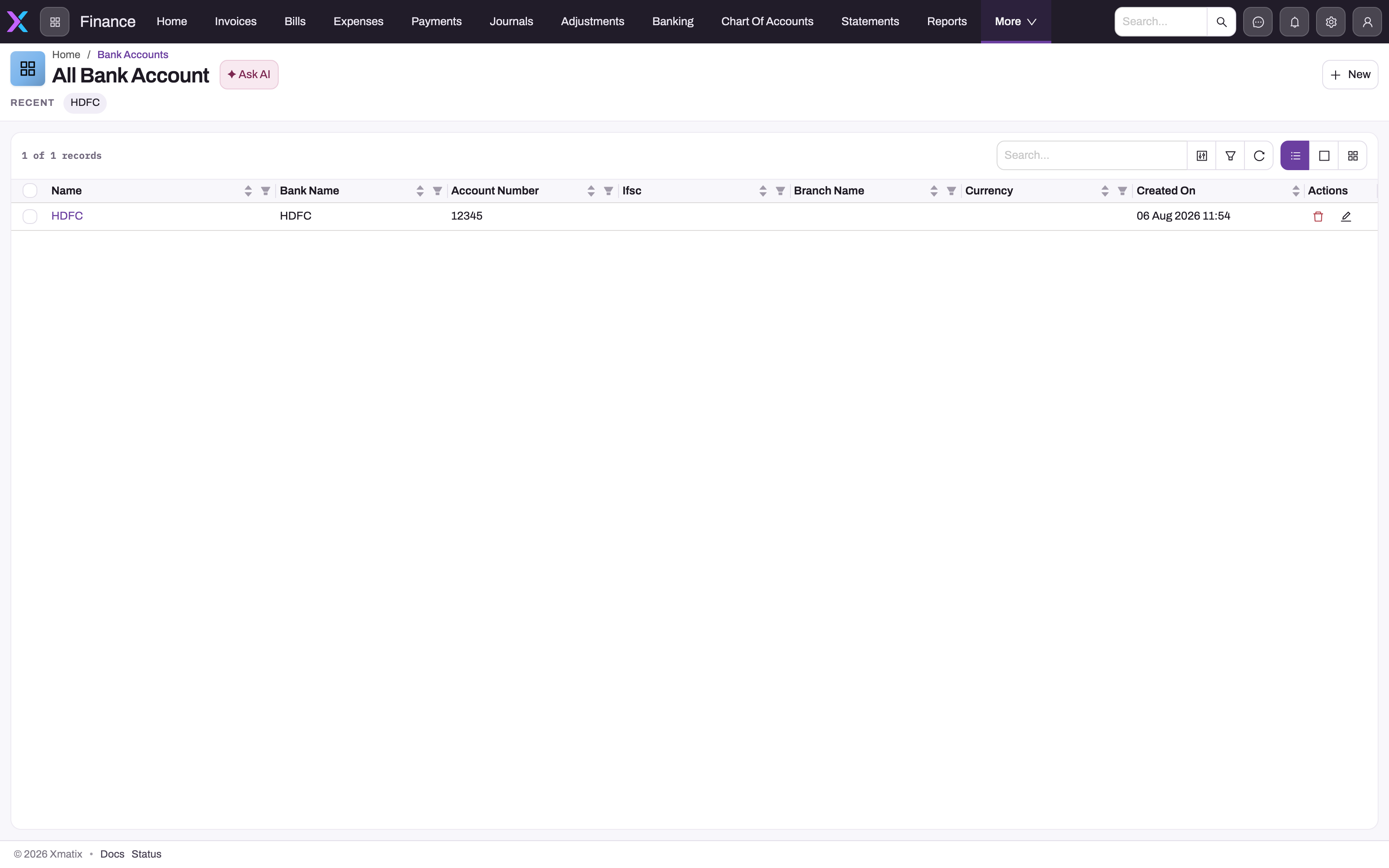 Bank Account list with one populated HDFC demonstration account