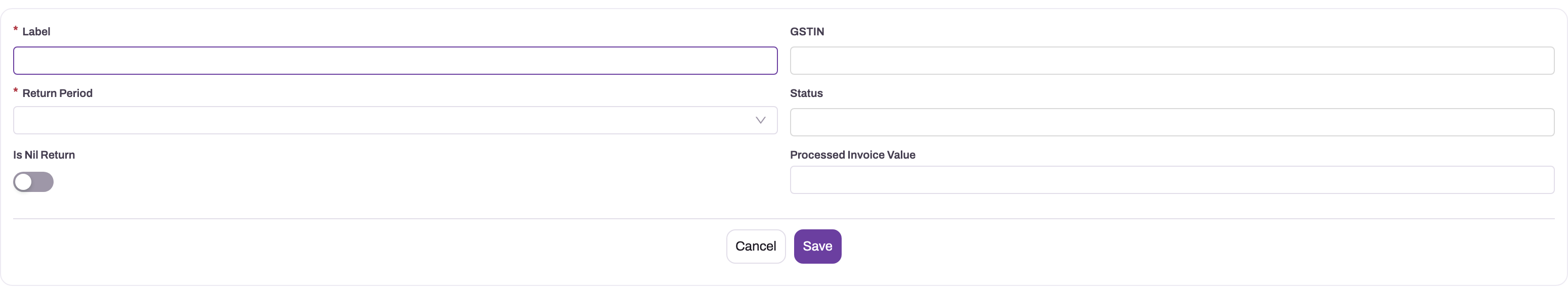 GSTR-3B return panel with label, GSTIN, return period, status and nil-return switch