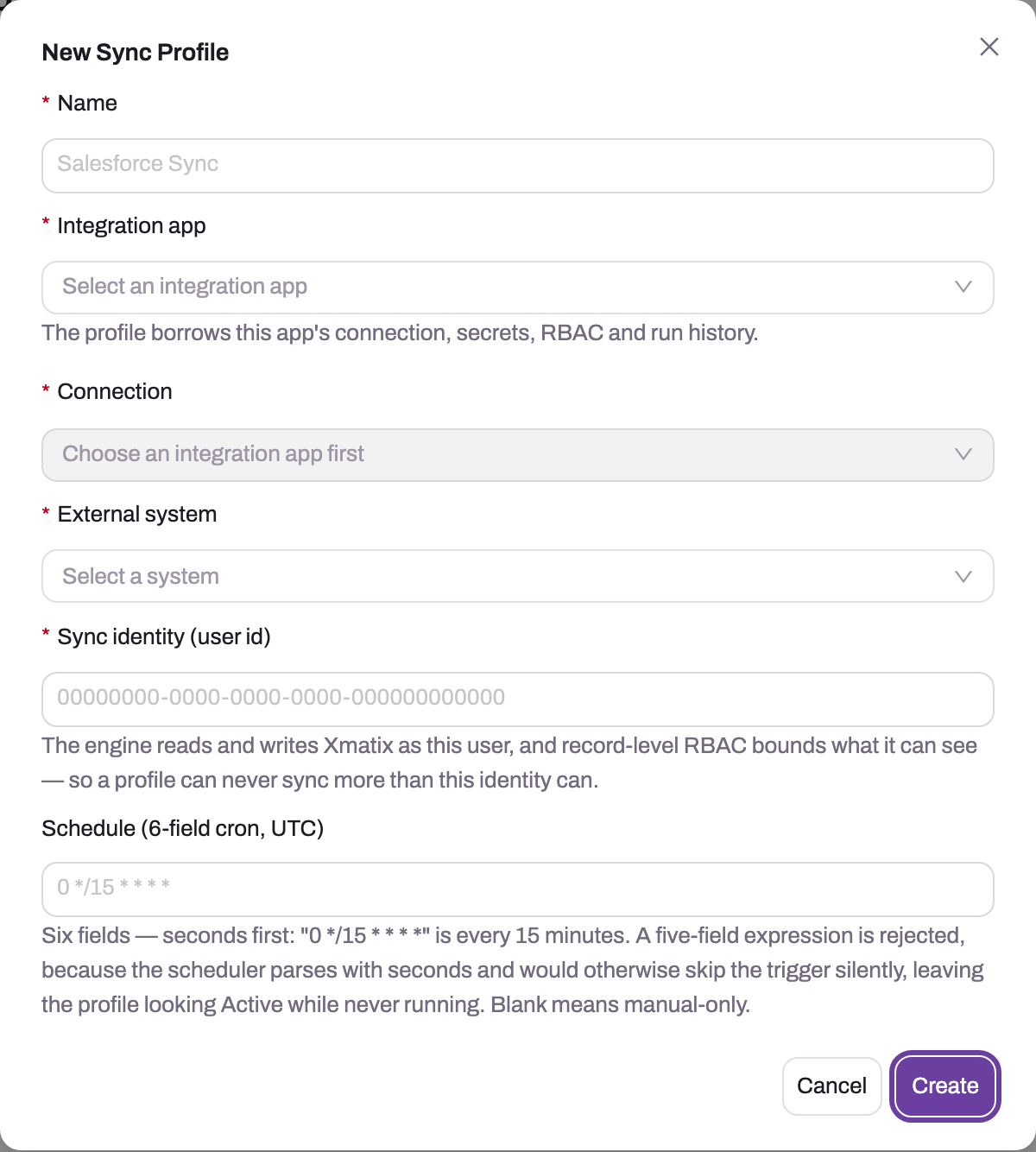 New Sync Profile dialog with Name, Integration app, Connection, External system, Sync identity (user id) and a six-field UTC cron Schedule, plus Cancel and Create