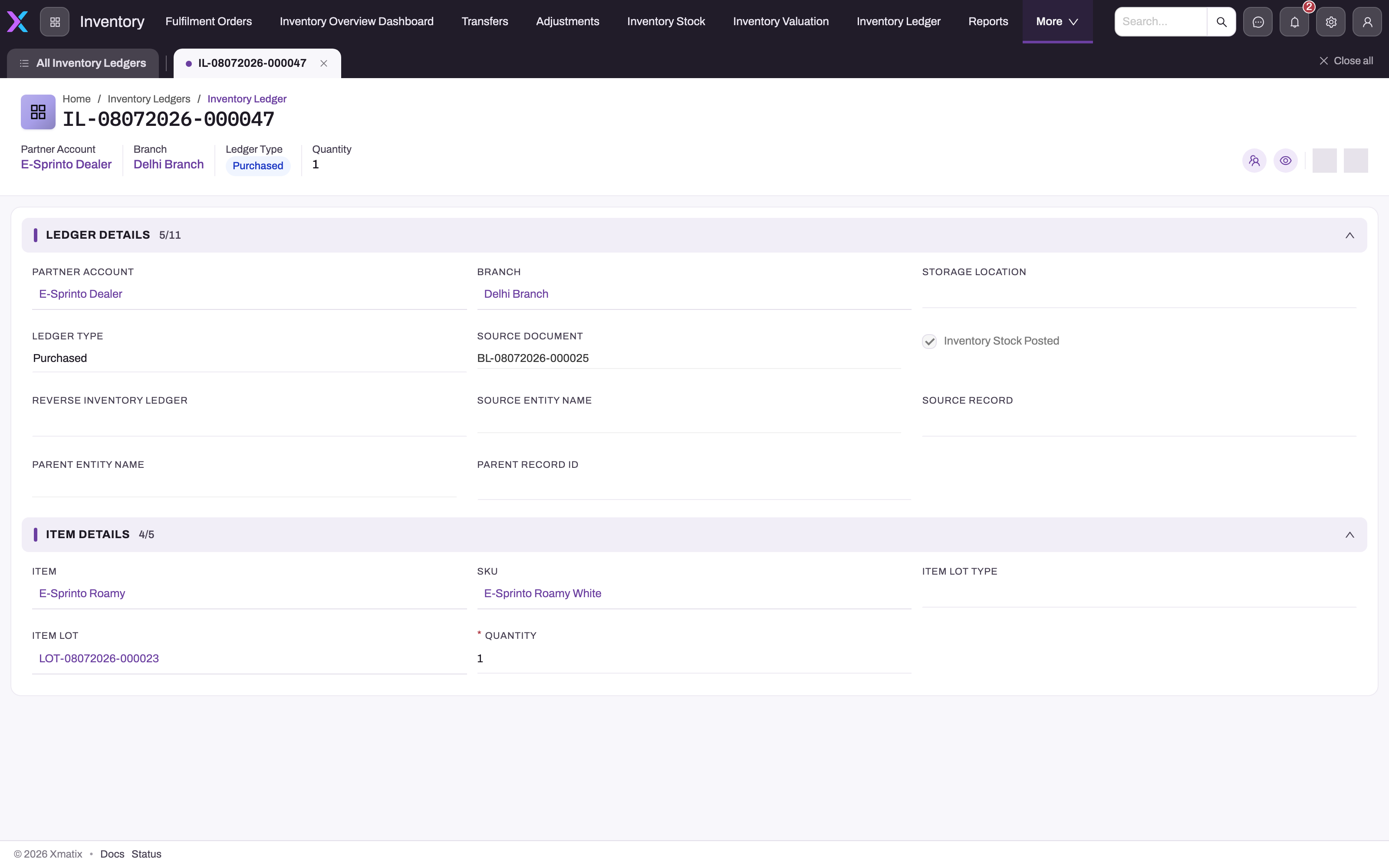 Read-only Inventory Ledger entry with Ledger Details and Item Details sections