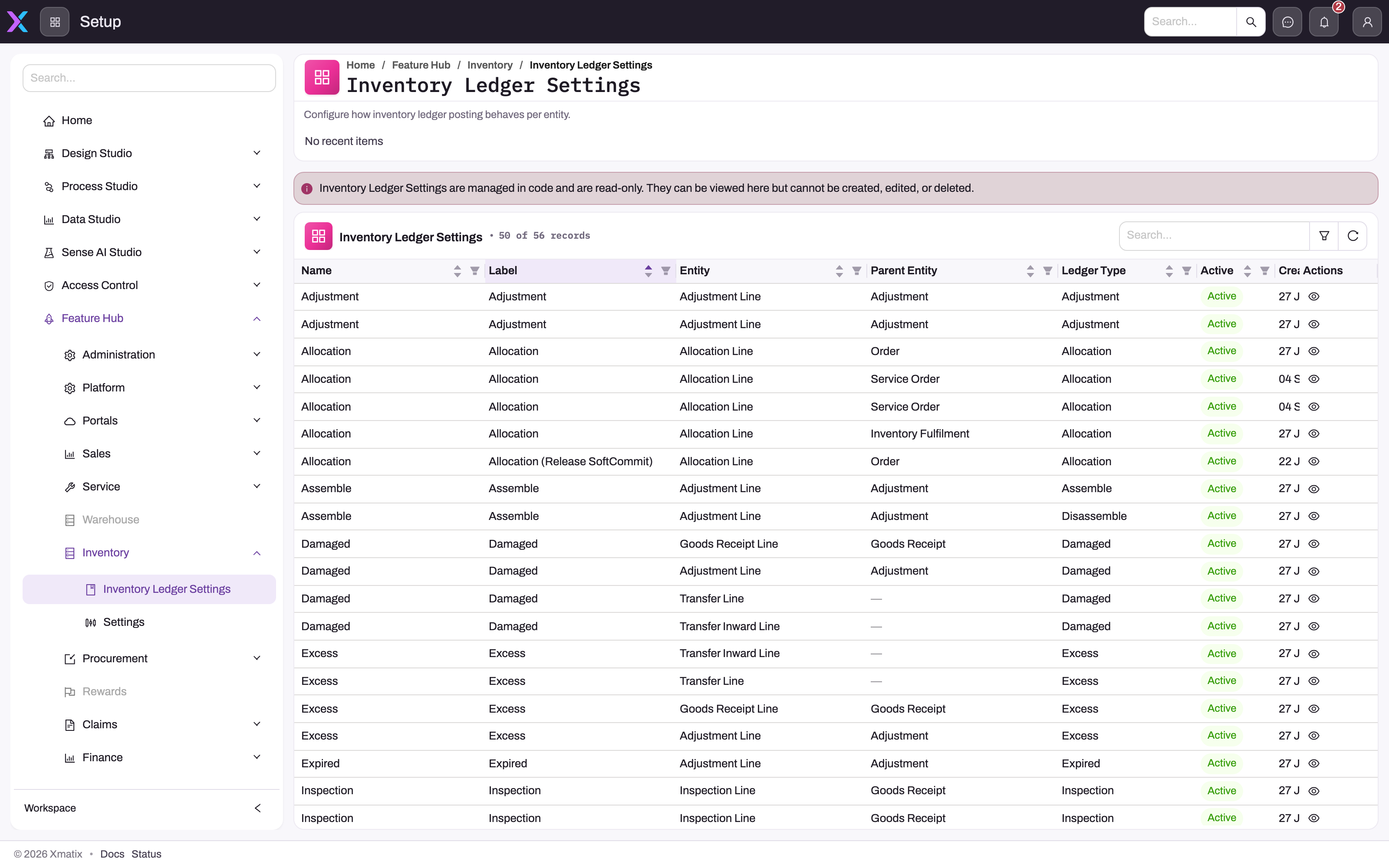 Setup → Feature Hub → Inventory → Inventory Ledger Settings: read-only notice above the list of posting rules with name, label, entity, parent entity, ledger type and active columns