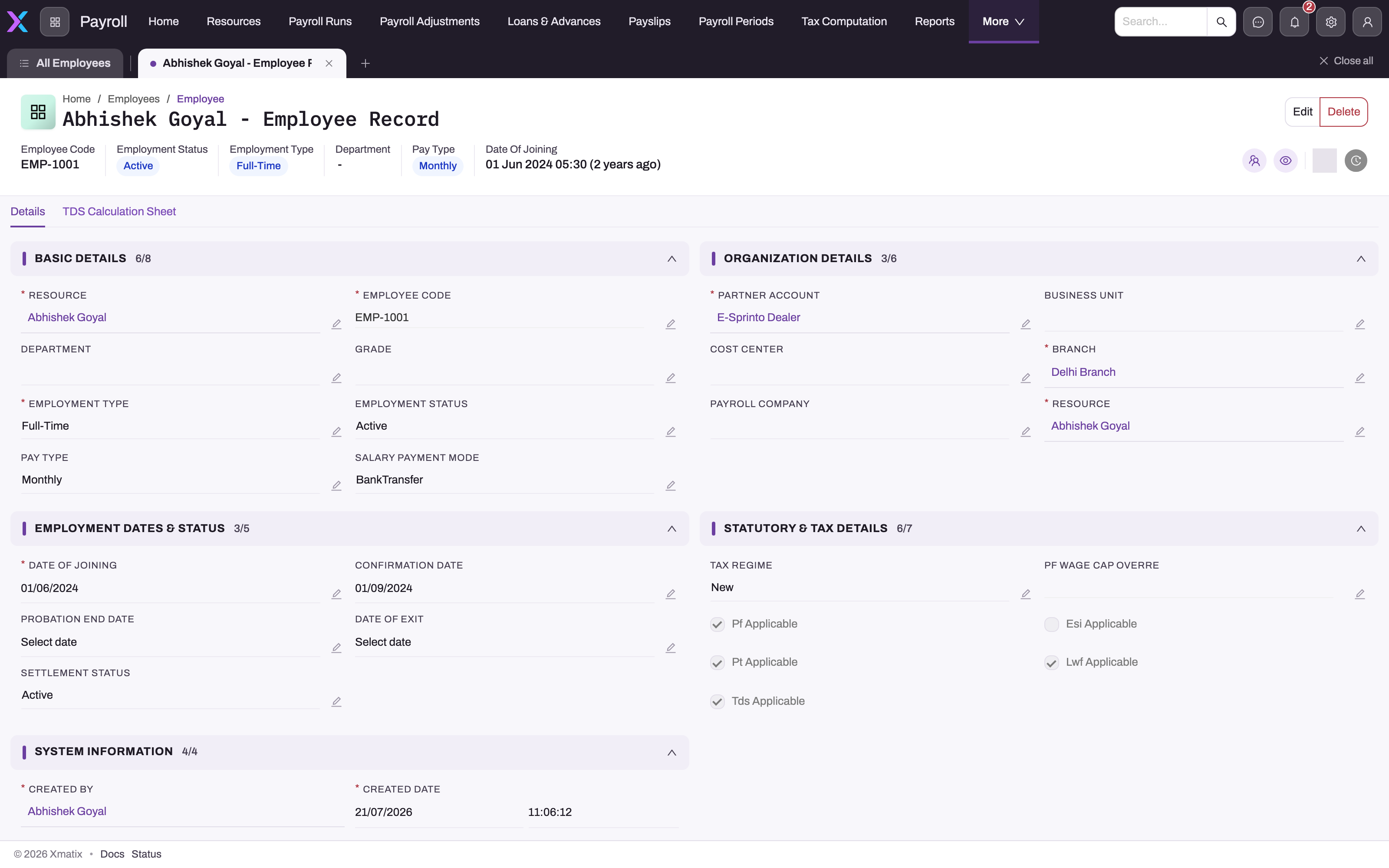 Employee detail page with Basic Details, Organization Details, Employment Dates & Status and Statutory & Tax Details groups, header badges for status, type, pay type and joining date, and a TDS Calculation Sheet tab