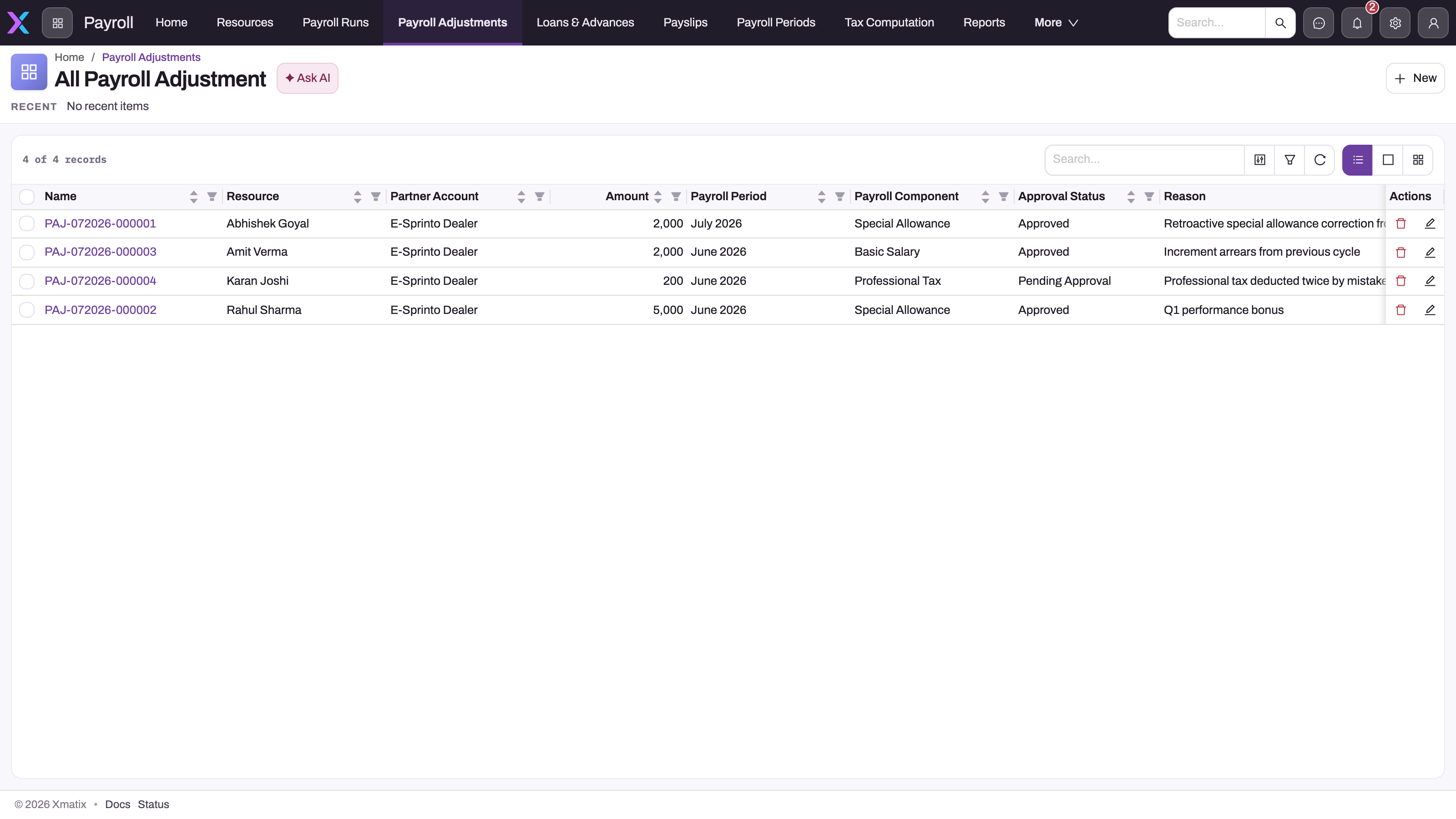 All Payroll Adjustment list in the Payroll app with four one-off items showing Resource, partner account, amount, payroll period, payroll component, approval status (Approved or Pending Approval) and reason