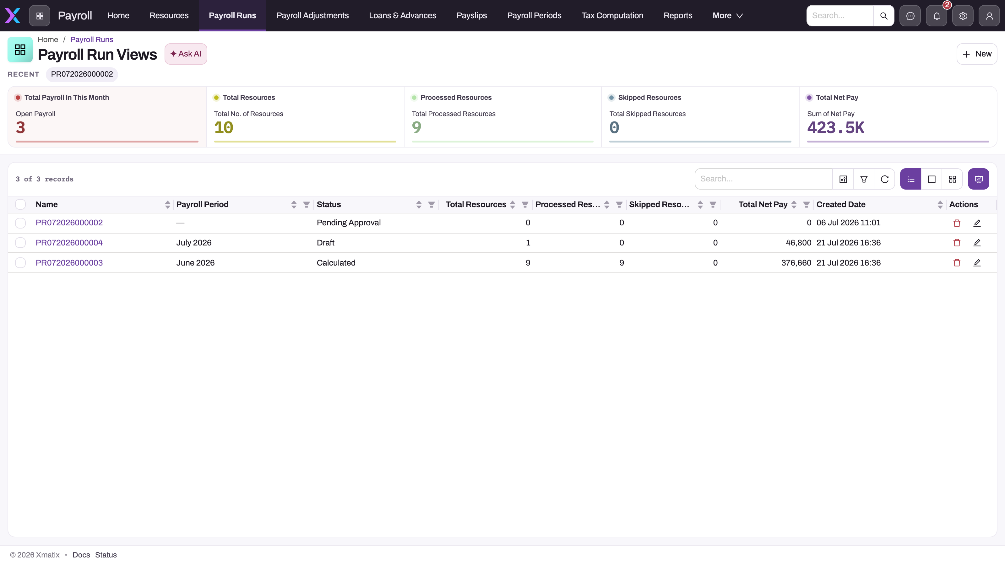Payroll app with the Payroll Runs list open: summary tiles for open payroll, total, processed and skipped resources and total net pay, above three runs in Pending Approval, Draft and Calculated status