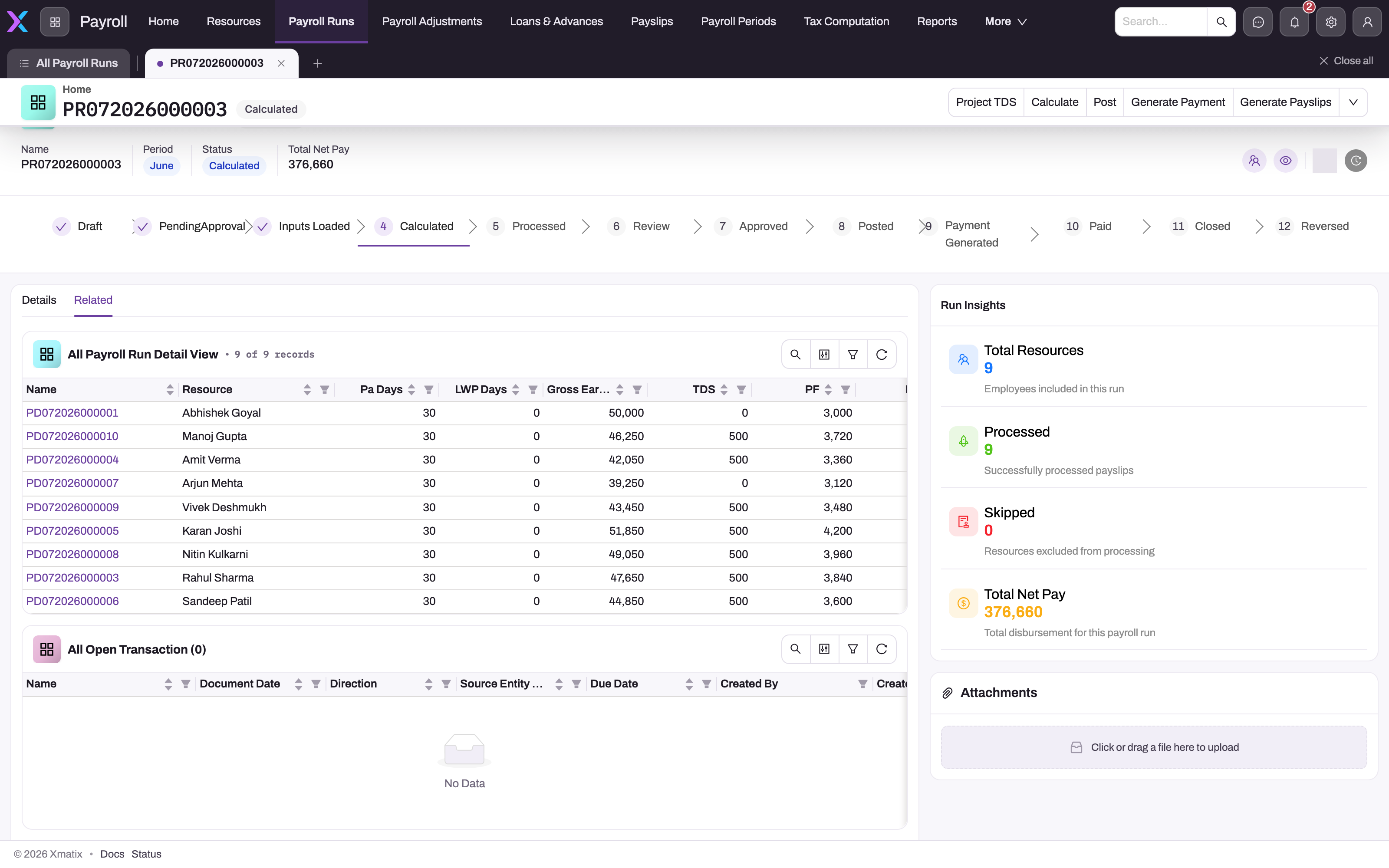 Payroll Run detail page, Related tab, for a Calculated run: the All Payroll Run Detail View grid with nine employees showing paid days, LWP days, gross earnings, TDS and PF, and an empty All Open Transaction grid beneath it
