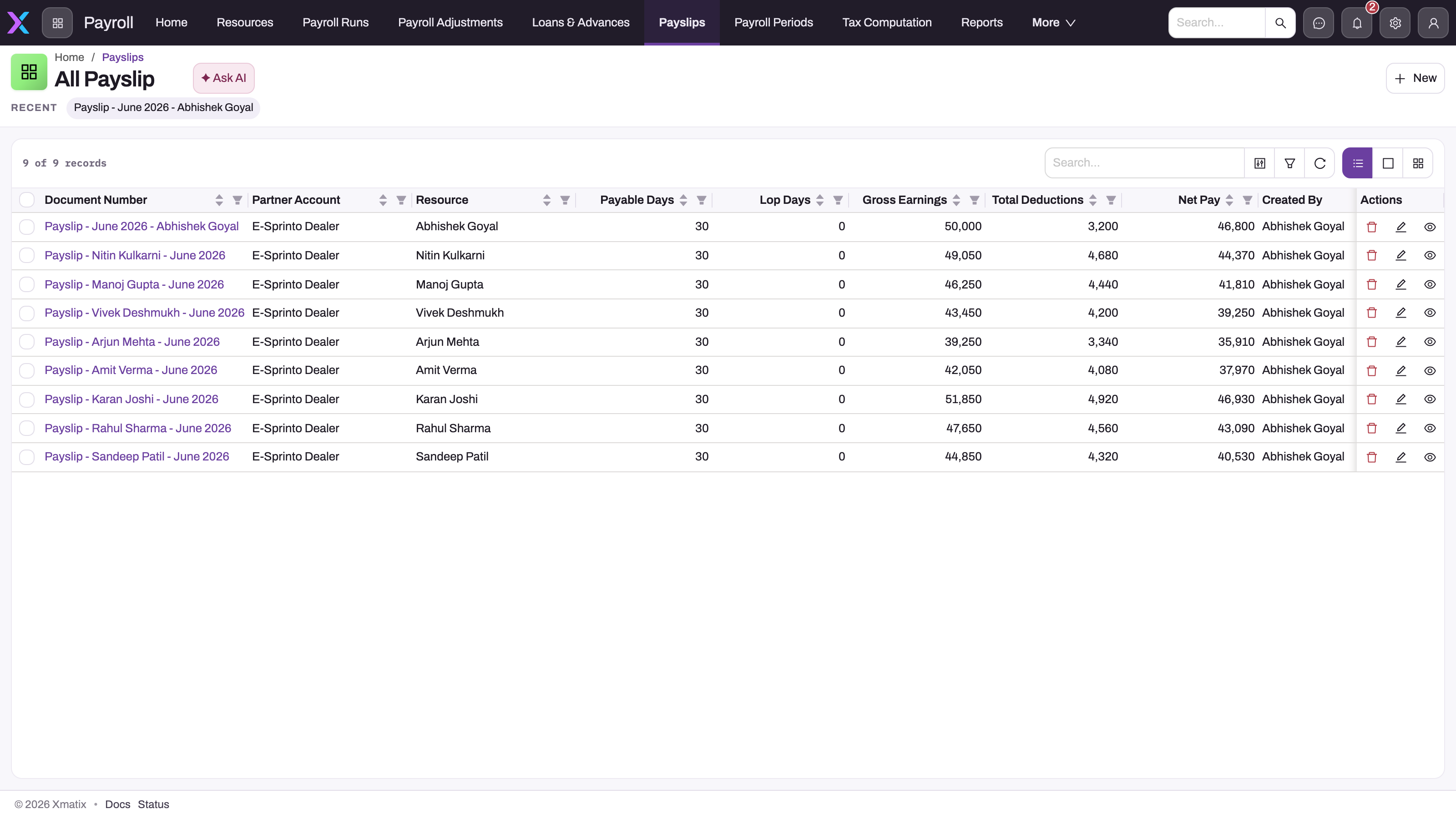 All Payslip list in the Payroll app with nine June payslips: document number, partner account, Resource, payable days, LOP days, gross earnings, total deductions, net pay and created by
