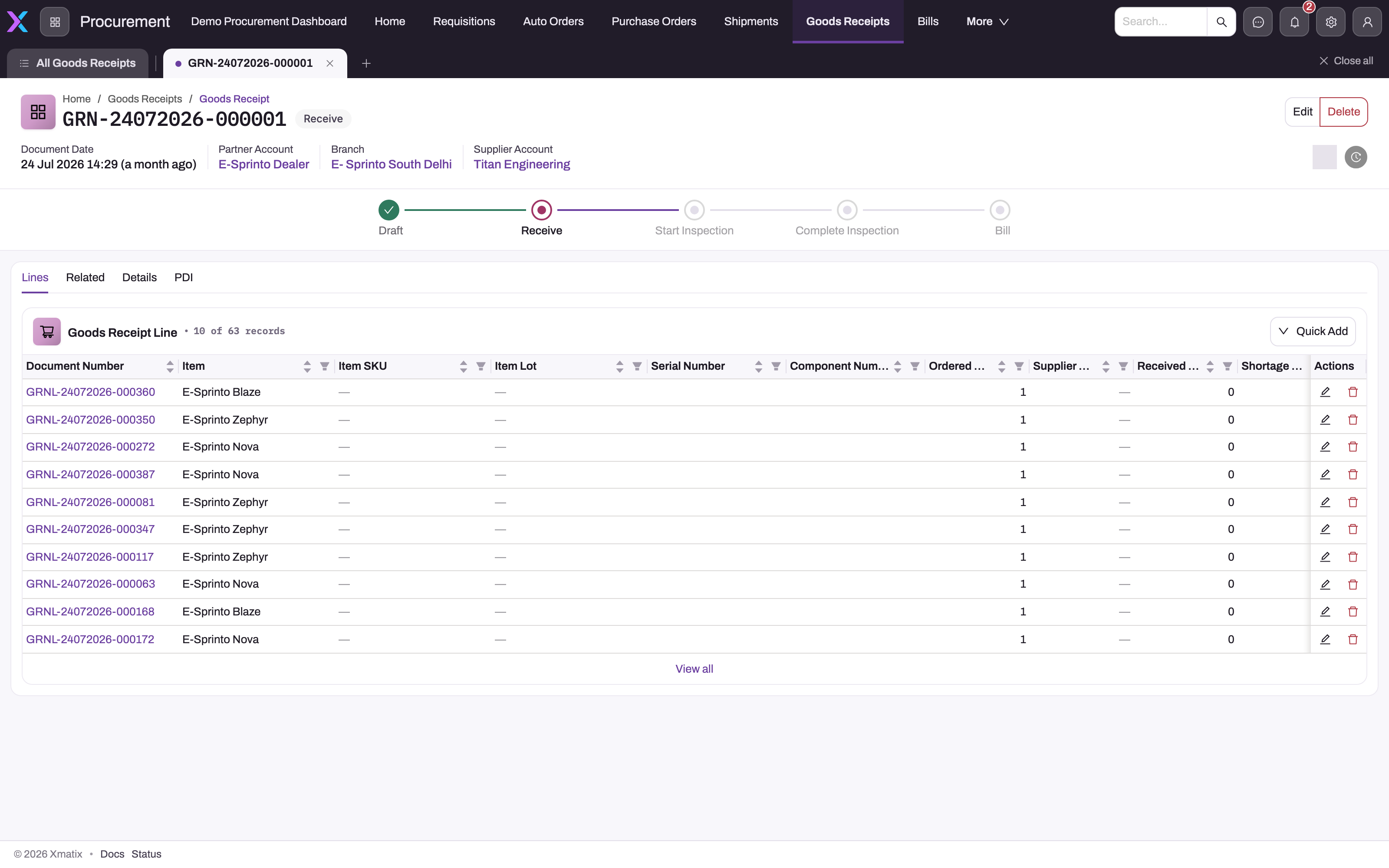 Saved goods receipt on its Lines tab with the status stepper at Receive and receipt lines showing item, SKU, lot, serial number, component number, ordered, supplier, received and shortage quantities