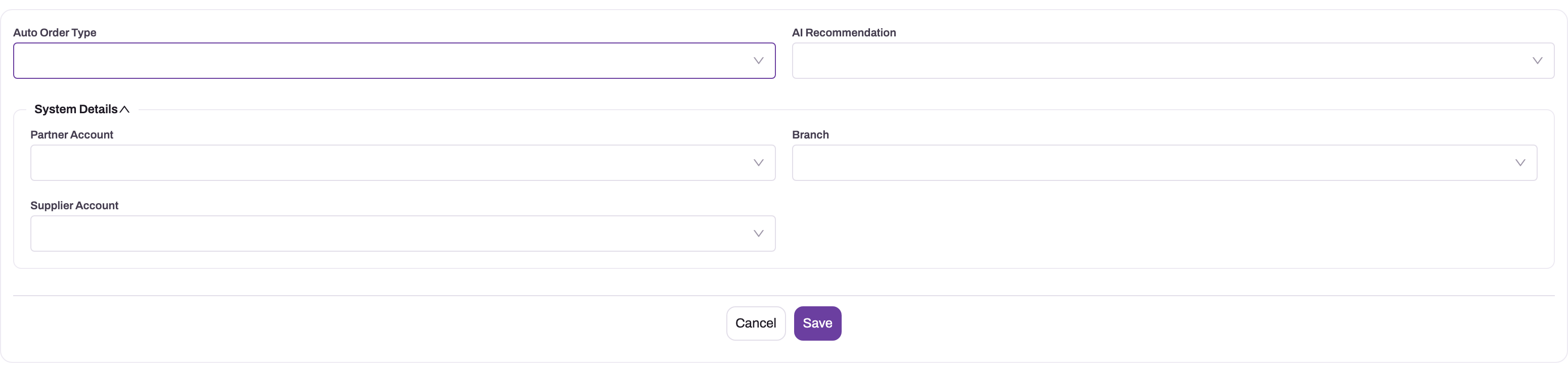 New Auto Order form with Auto Order Type, AI Recommendation and System Details holding Partner Account, Branch and Supplier Account