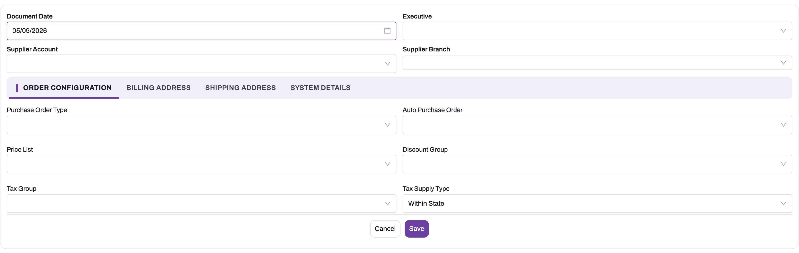 New Purchase Order form with Document Date, Executive, Supplier Account, Supplier Branch and the Order Configuration tab showing Purchase Order Type, Auto Purchase Order, Price List, Discount Group, Tax Group and Tax Supply Type