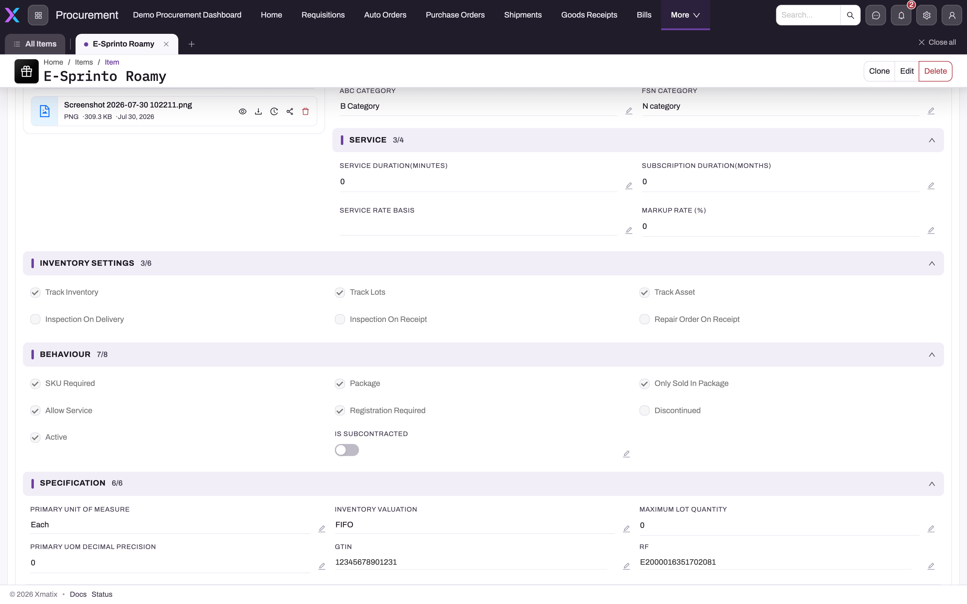 Saved item record scrolled to the Inventory Settings, Behaviour and Specification sections, showing Track Inventory, Track Lots, Track Asset, Inspection On Delivery, Inspection On Receipt, Repair Order On Receipt, SKU Required and Maximum Lot Quantity