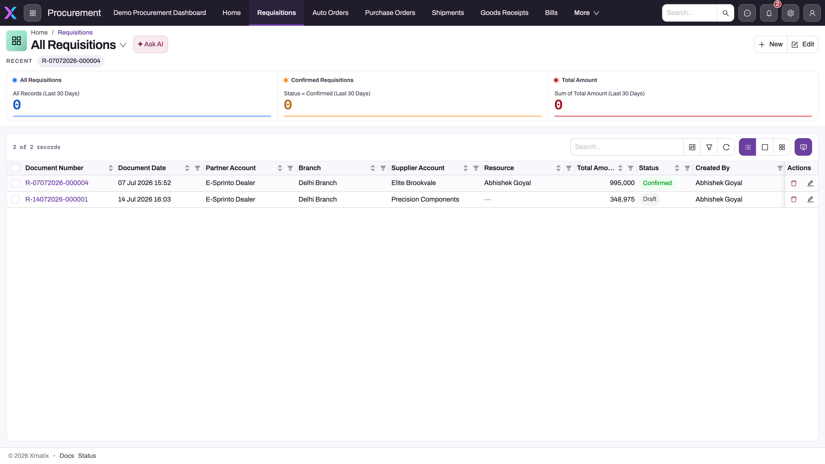 All Requisitions list in the Procurement app showing document number, document date, partner account, branch, supplier account, resource, total amount and status columns