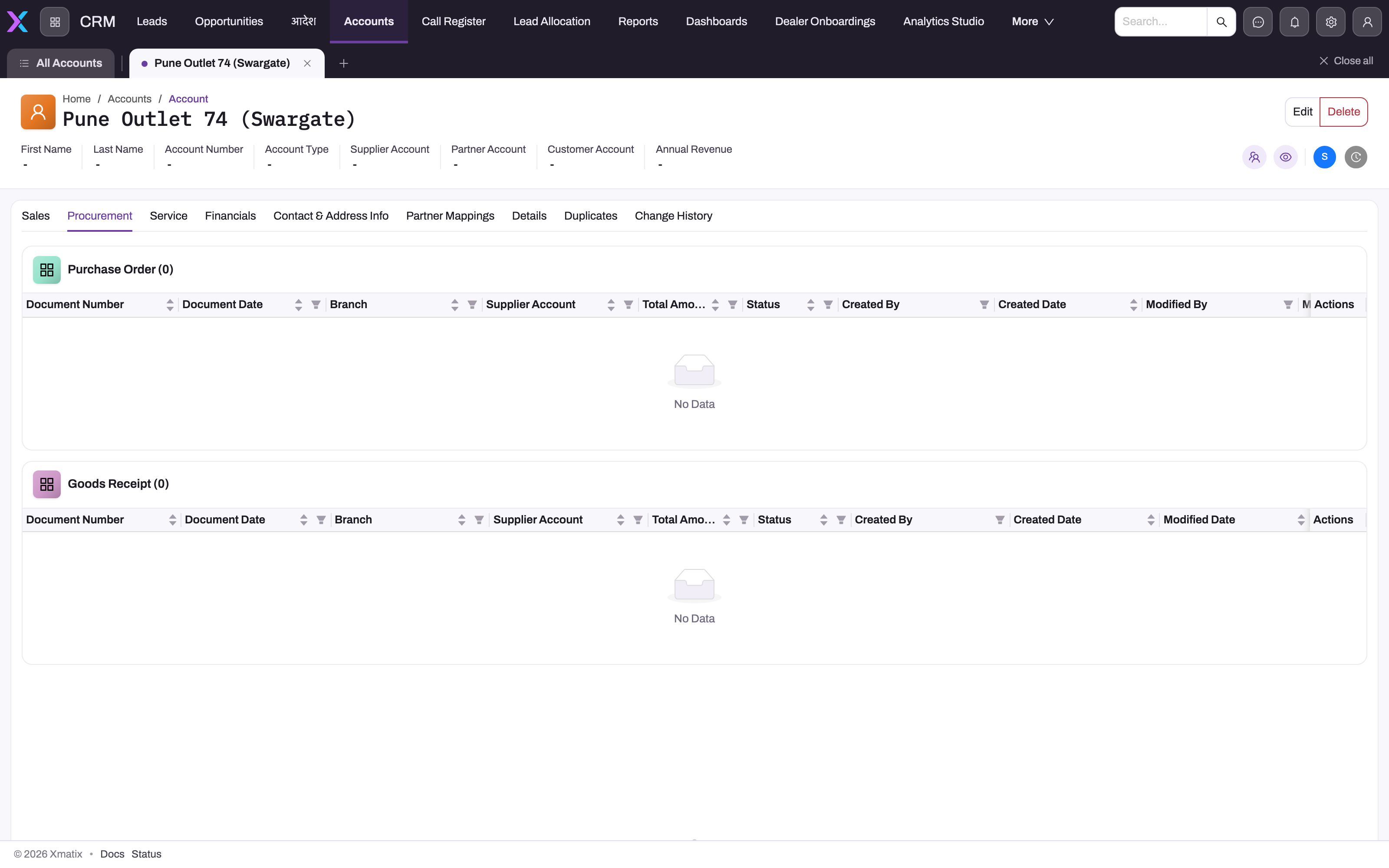 Account detail page with Procurement tab showing purchase-order and goods-receipt panels