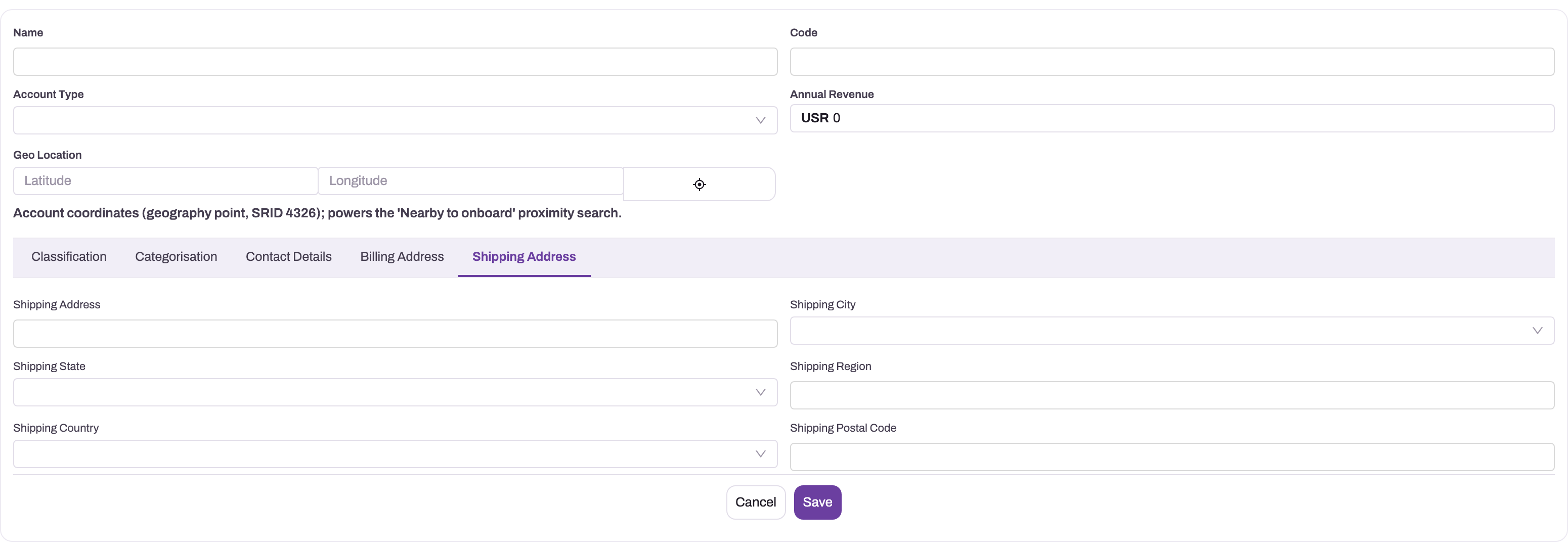 New Account form with structured Shipping Address fields