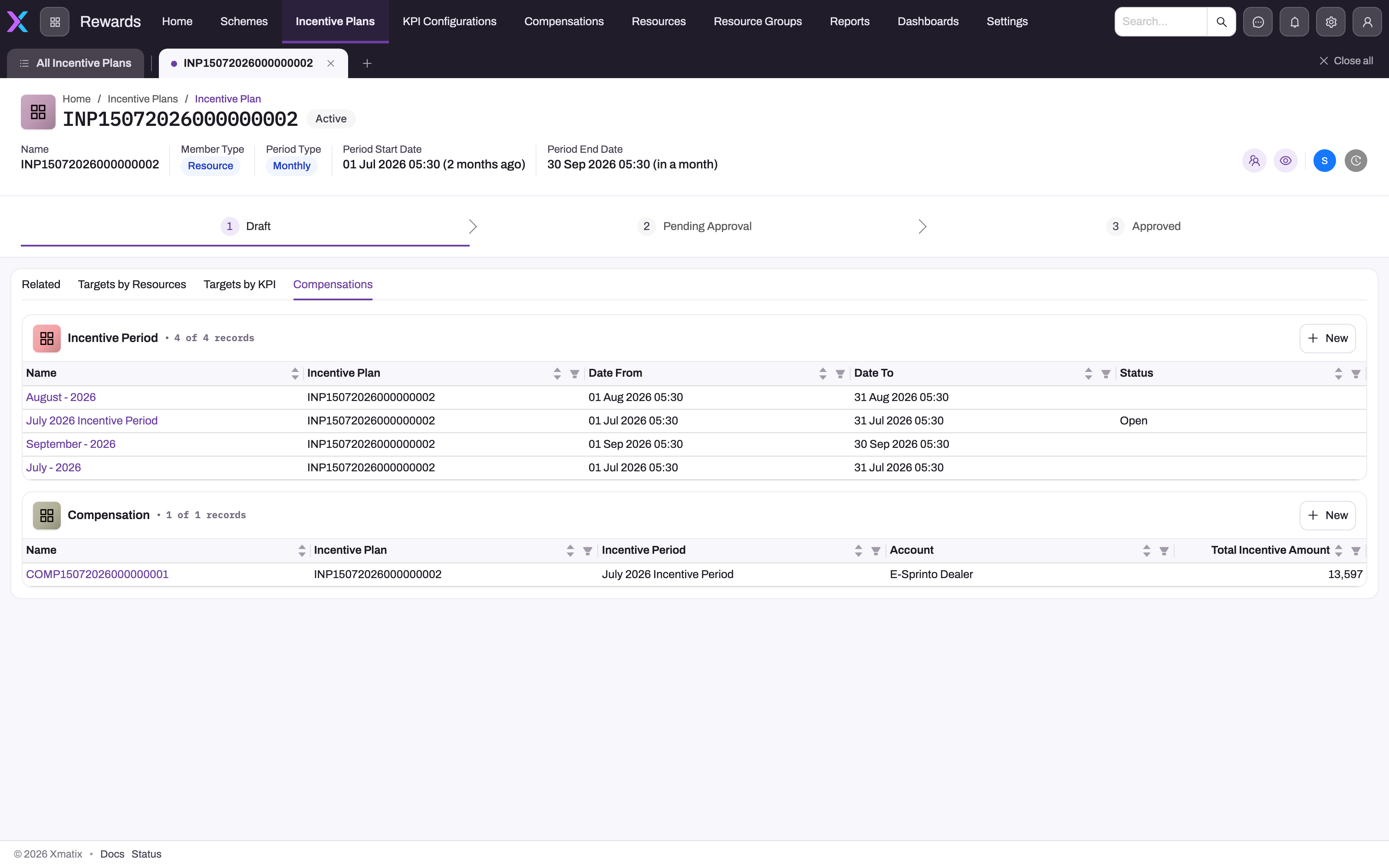Incentive Plan Compensations tab showing the Incentive Period grid with dates and status, and the Compensation grid with period, account and total incentive amount