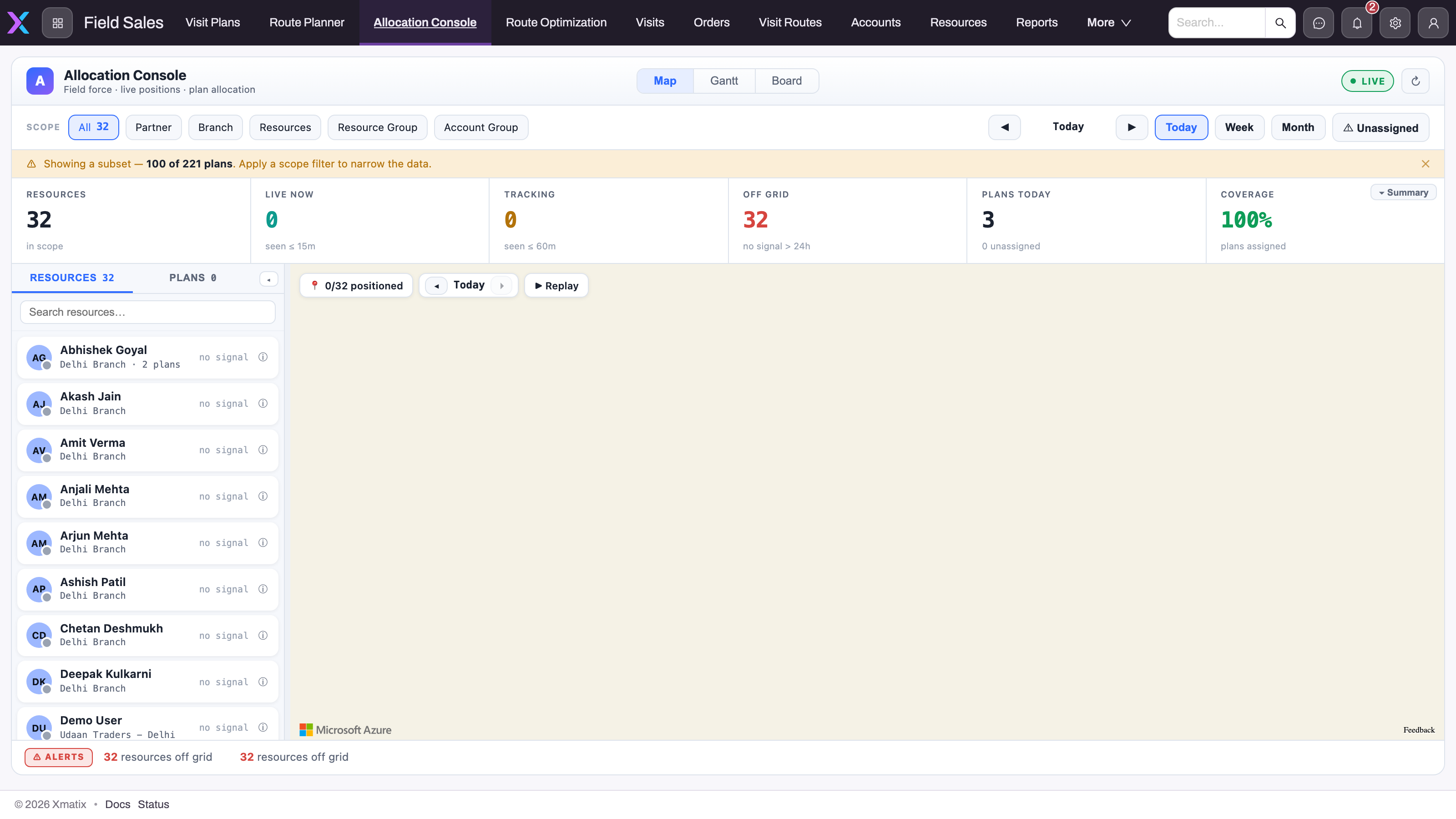Allocation Console app page in the Field Sales app: Map, Gantt and Board toggle, scope chips, day/week/month controls, the resource health strip and the resource pane beside the live map