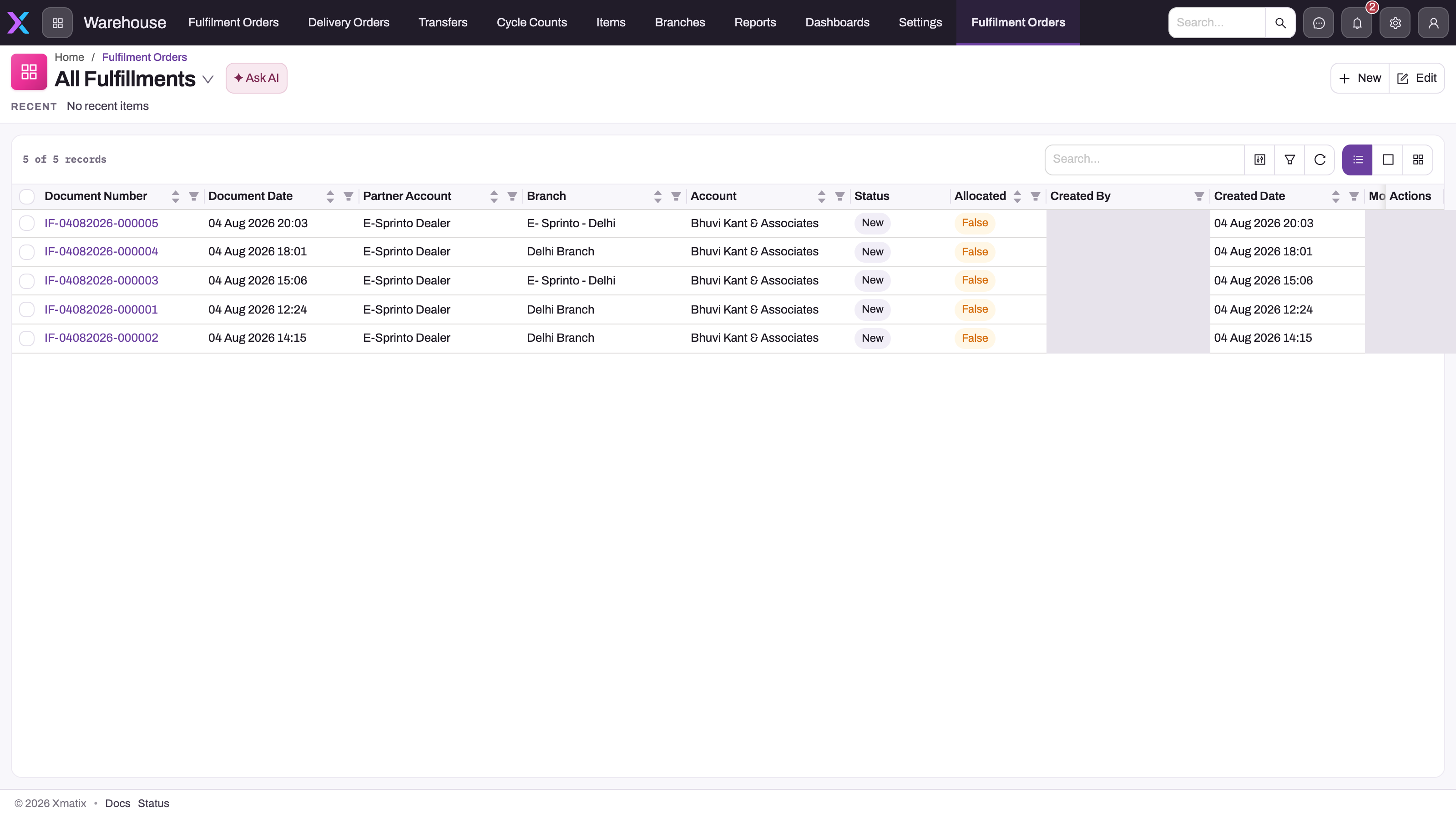Warehouse app, All Fulfillments view: fulfilment documents with partner account, branch, customer account, status and allocated columns