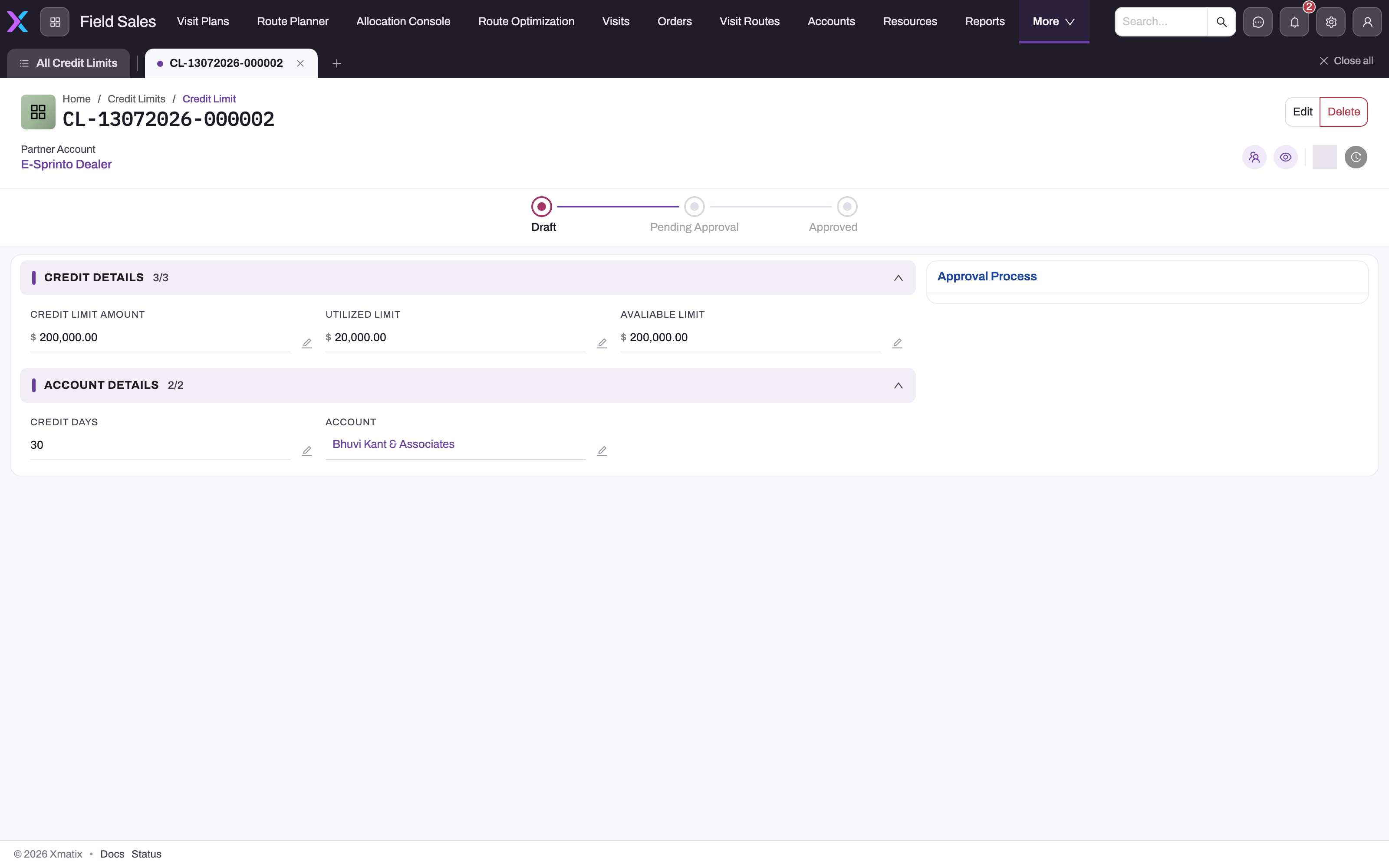 Saved credit limit record showing the Partner Account, a Draft / Pending Approval / Approved status stepper, Credit Details (limit, utilised, available) and Account Details (credit days, account) with an Approval Process panel
