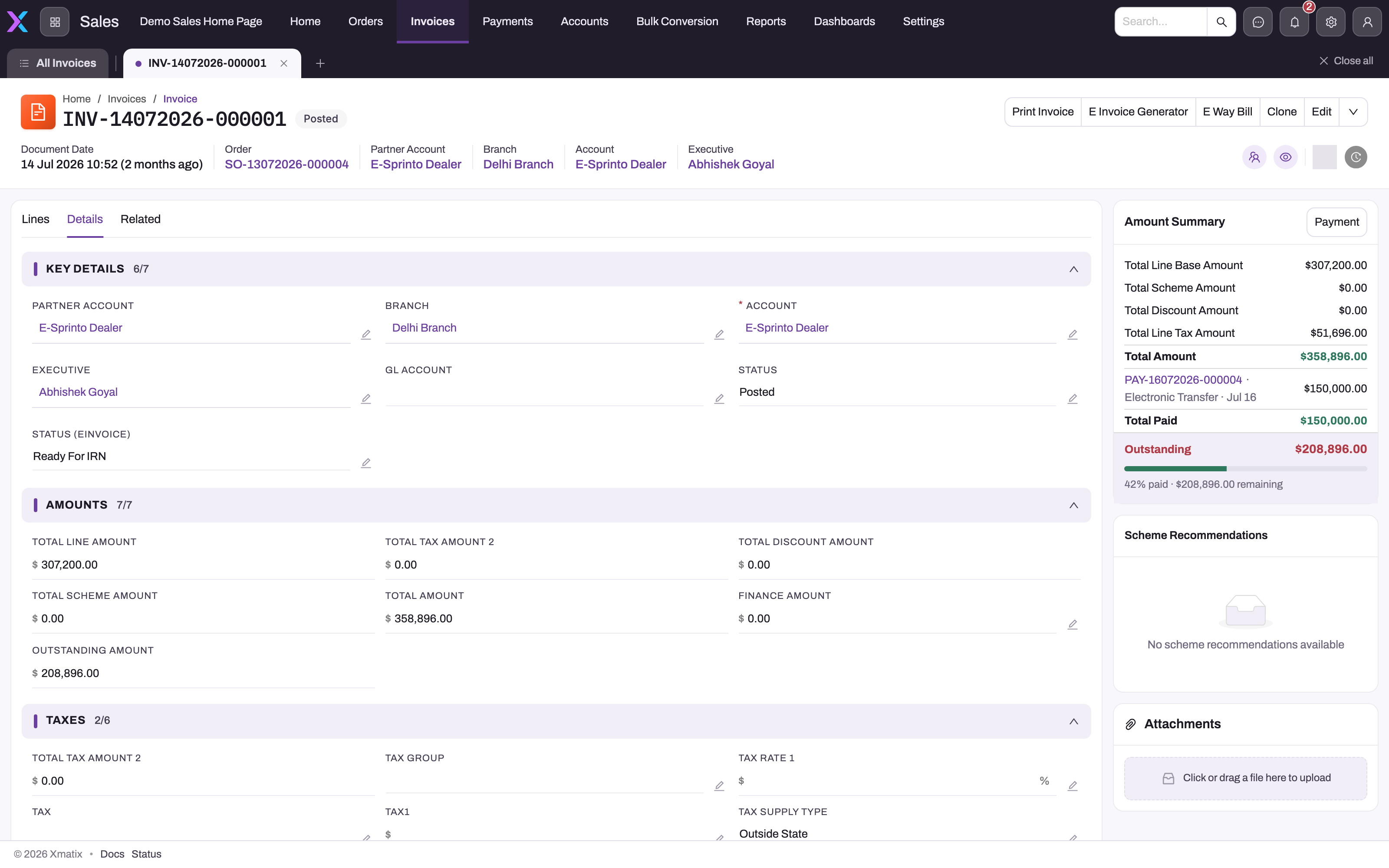 Posted invoice with the Details tab open showing Key Details (partner account, branch, account, executive, GL account, status, e-invoice status), Amounts (line, tax, discount, scheme, total, finance and outstanding amounts) and the Taxes section