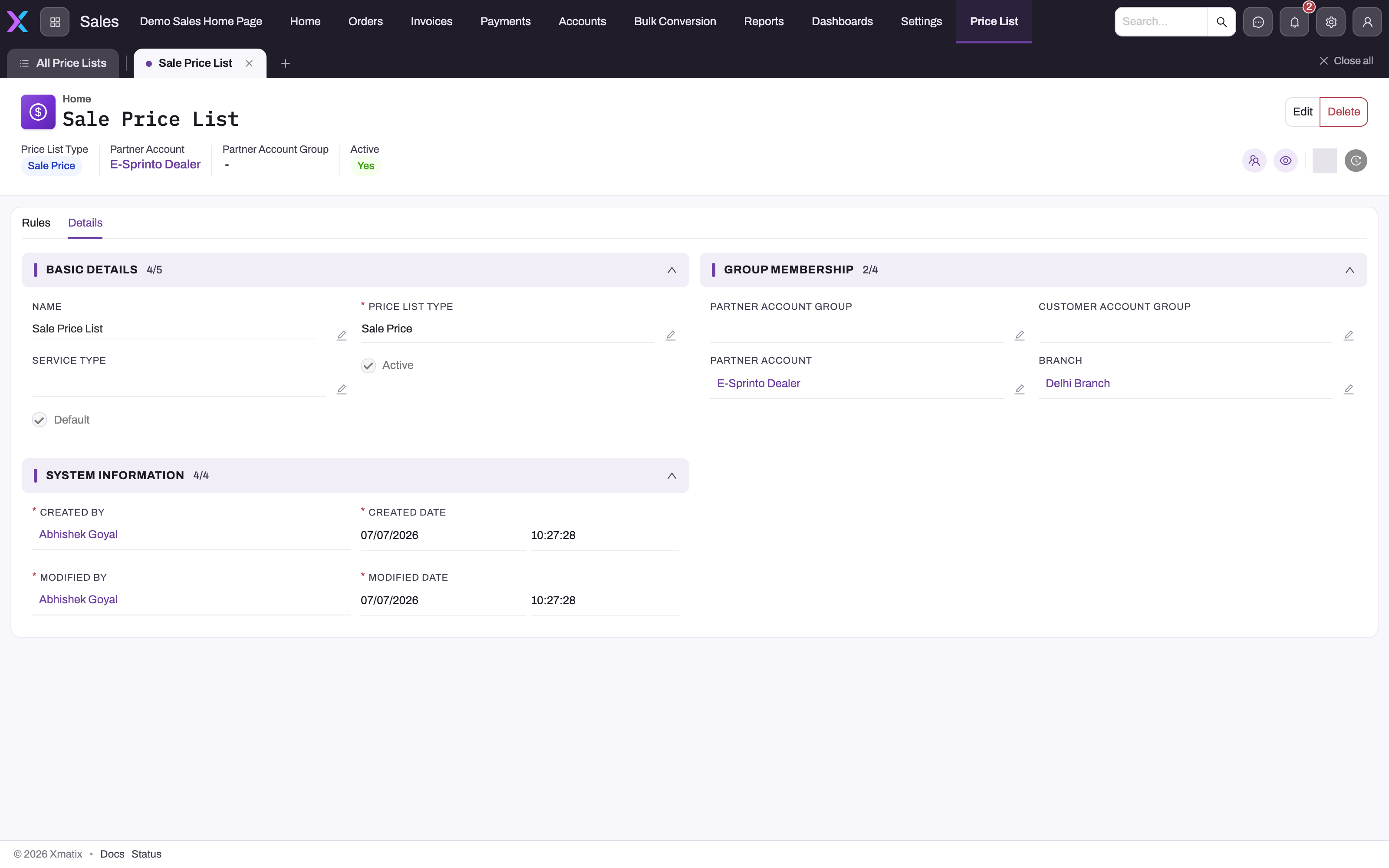 Sale Price List record with the Details tab open: Basic Details (name, price list type, service type, Active, Default), Group Membership (partner account group, customer account group, partner account, branch) and System Information