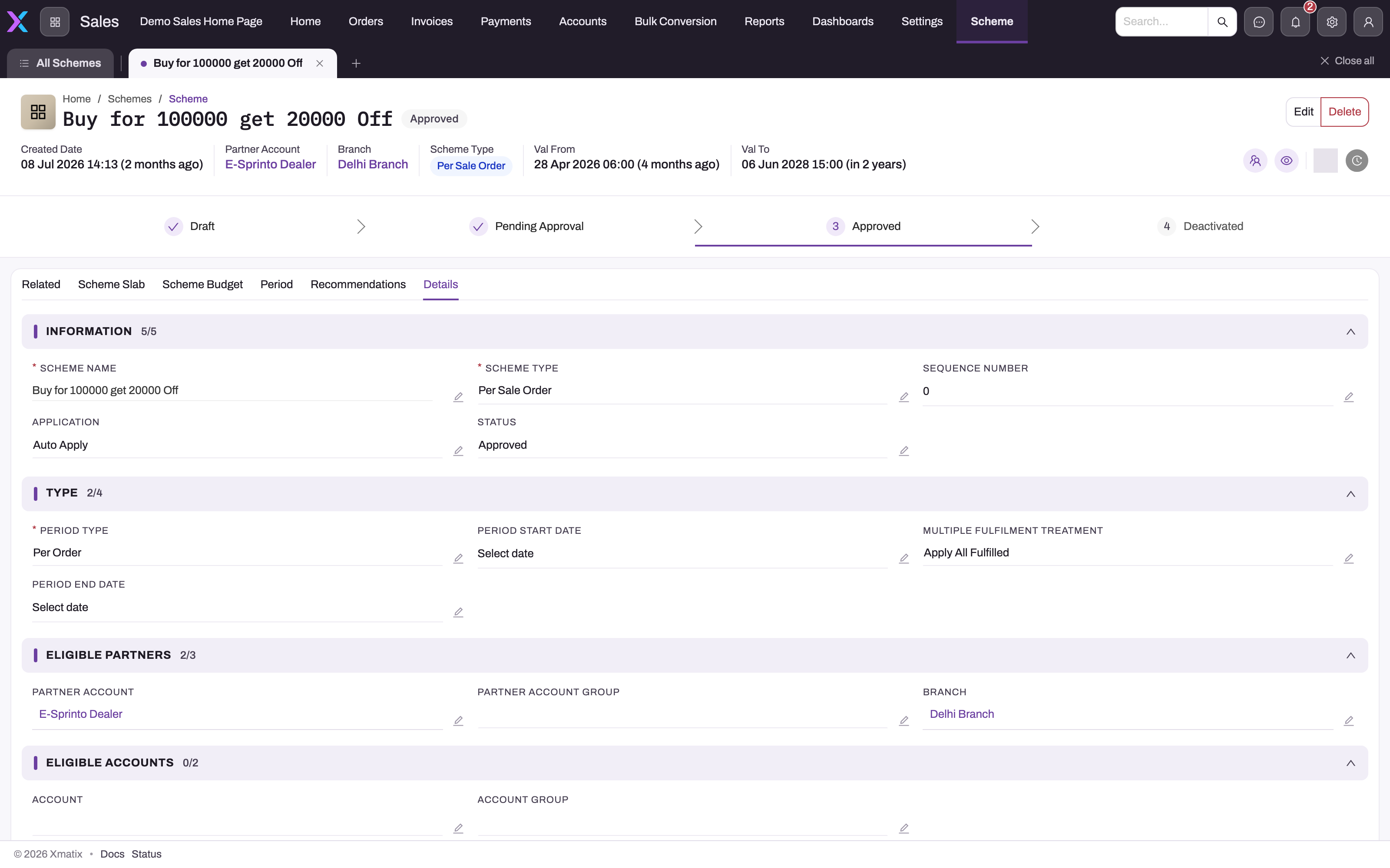 Approved scheme record with the Details tab open: Information (name, type, sequence, application, status), Type (period type, period dates, multiple fulfilment treatment), Eligible Partners and Eligible Accounts sections, under a Draft / Pending Approval / Approved / Deactivated stepper