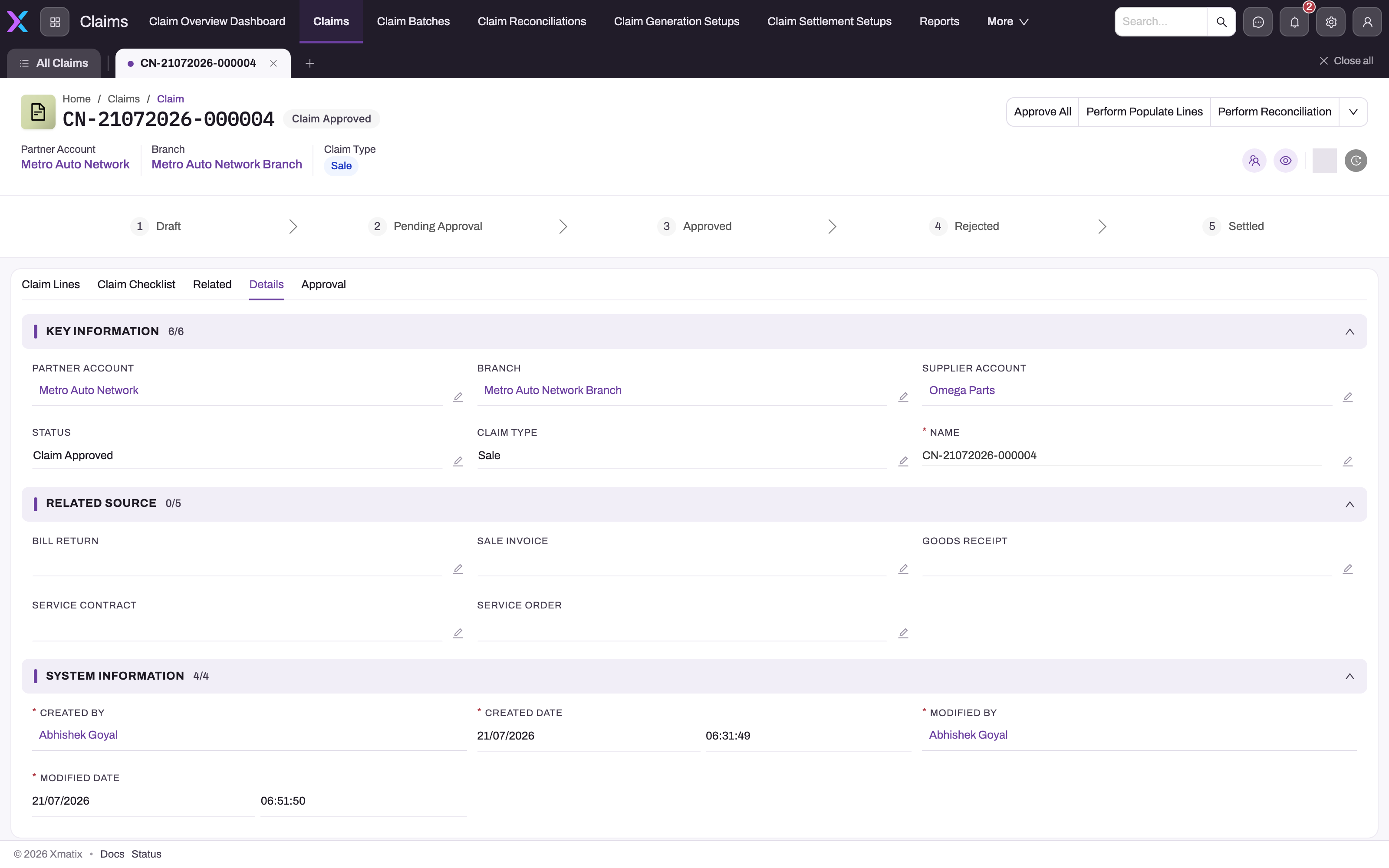 Details tab of a claim showing the Key Information section (Partner Account, Branch, Supplier Account, Status, Claim Type, Name), the empty Related Source section and System Information