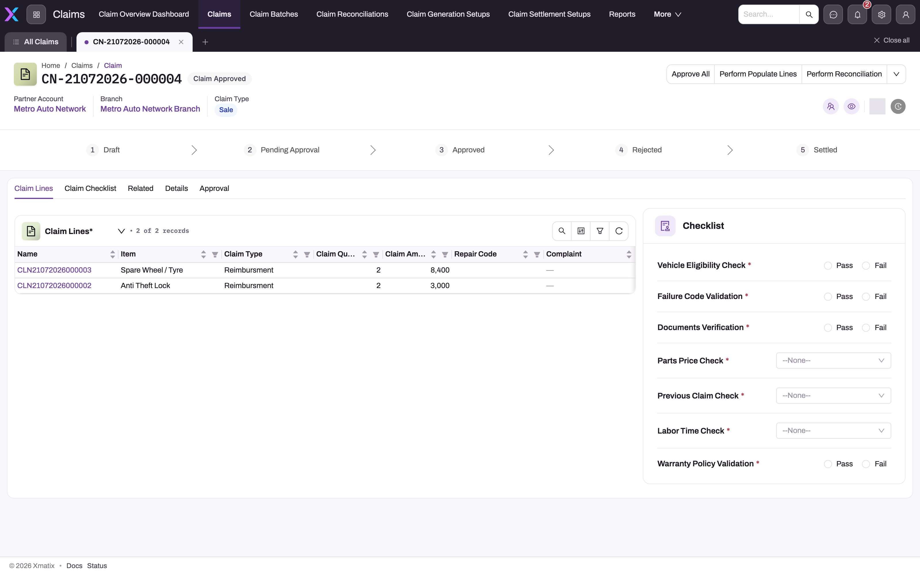 Claim record CN-21072026-000004 in the Claims app with the Claim Lines tab open: two reimbursement lines with claimed quantity and amount, the status stepper above and the manual Checklist panel on the right