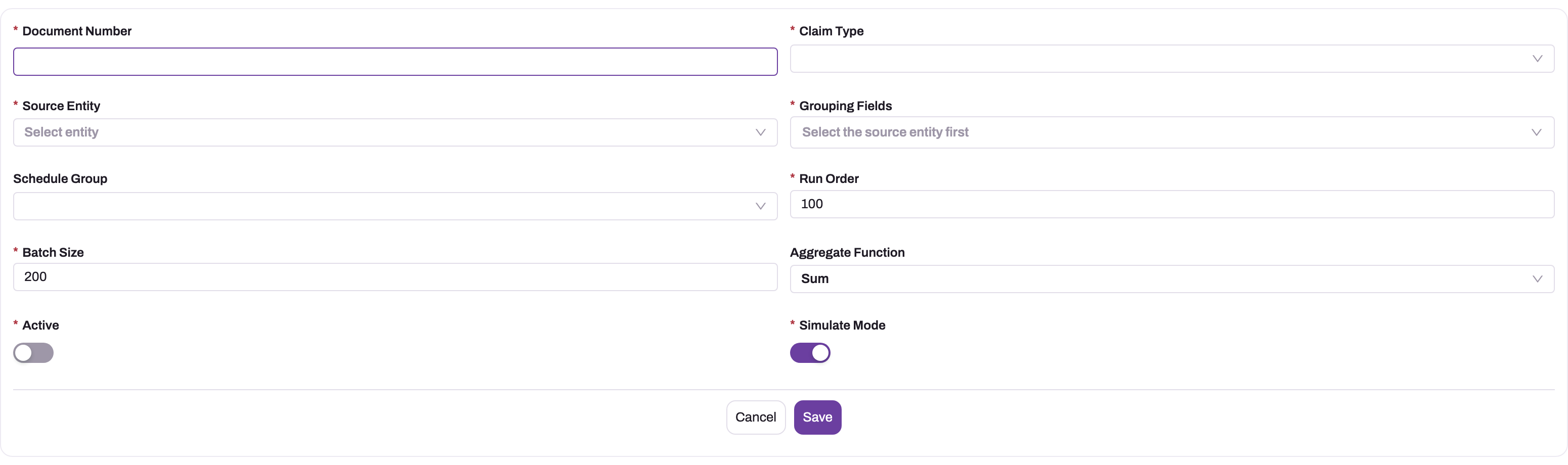 New Claim Generation Setup form with Document Number, Claim Type, Source Entity, Grouping Fields, Schedule Group, Run Order, Batch Size, Aggregate Function, Active and Simulate Mode