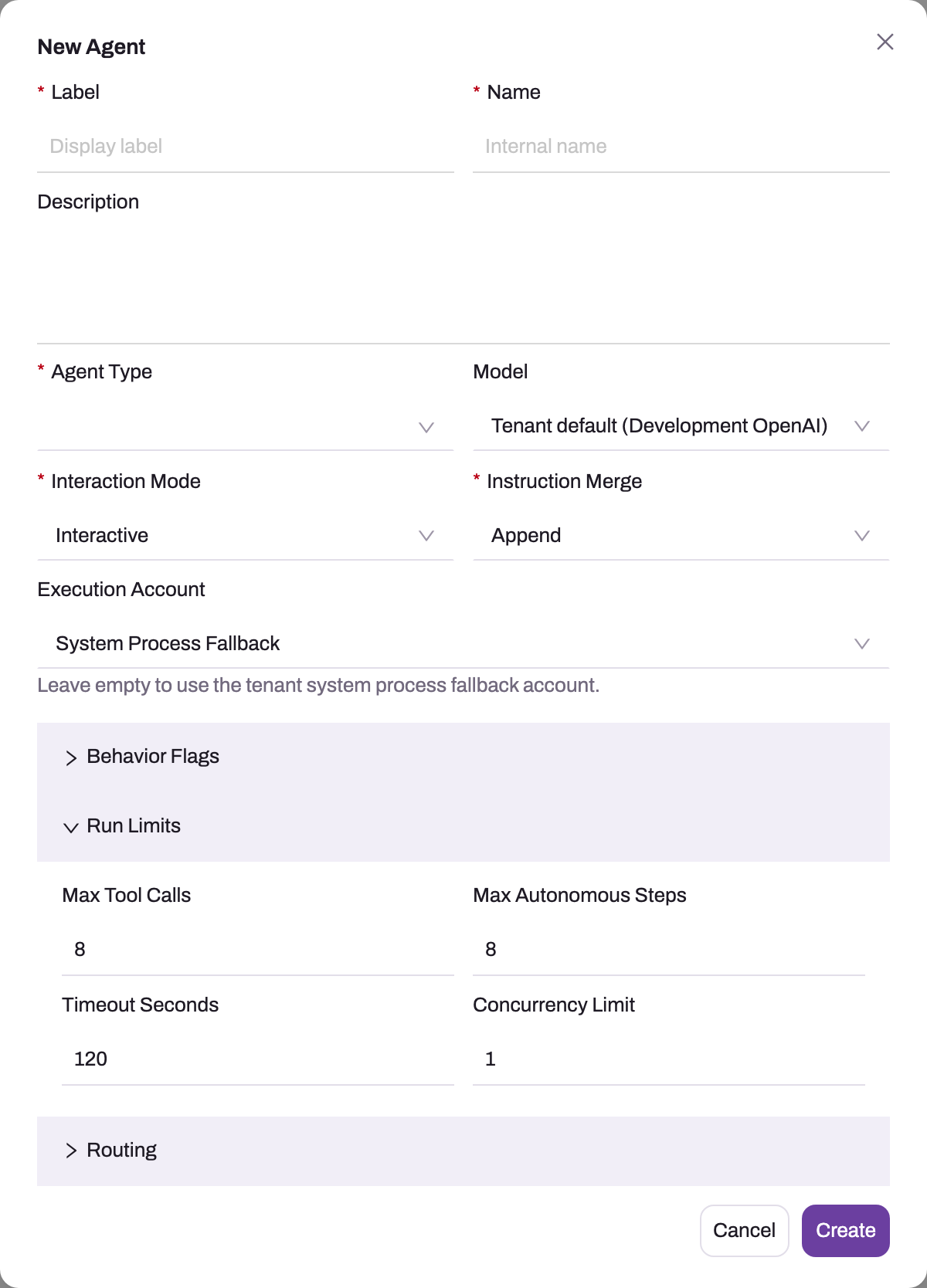 New Agent dialog with the Run Limits panel expanded, showing Max Tool Calls 8, Max Autonomous Steps 8, Timeout Seconds 120 and Concurrency Limit 1