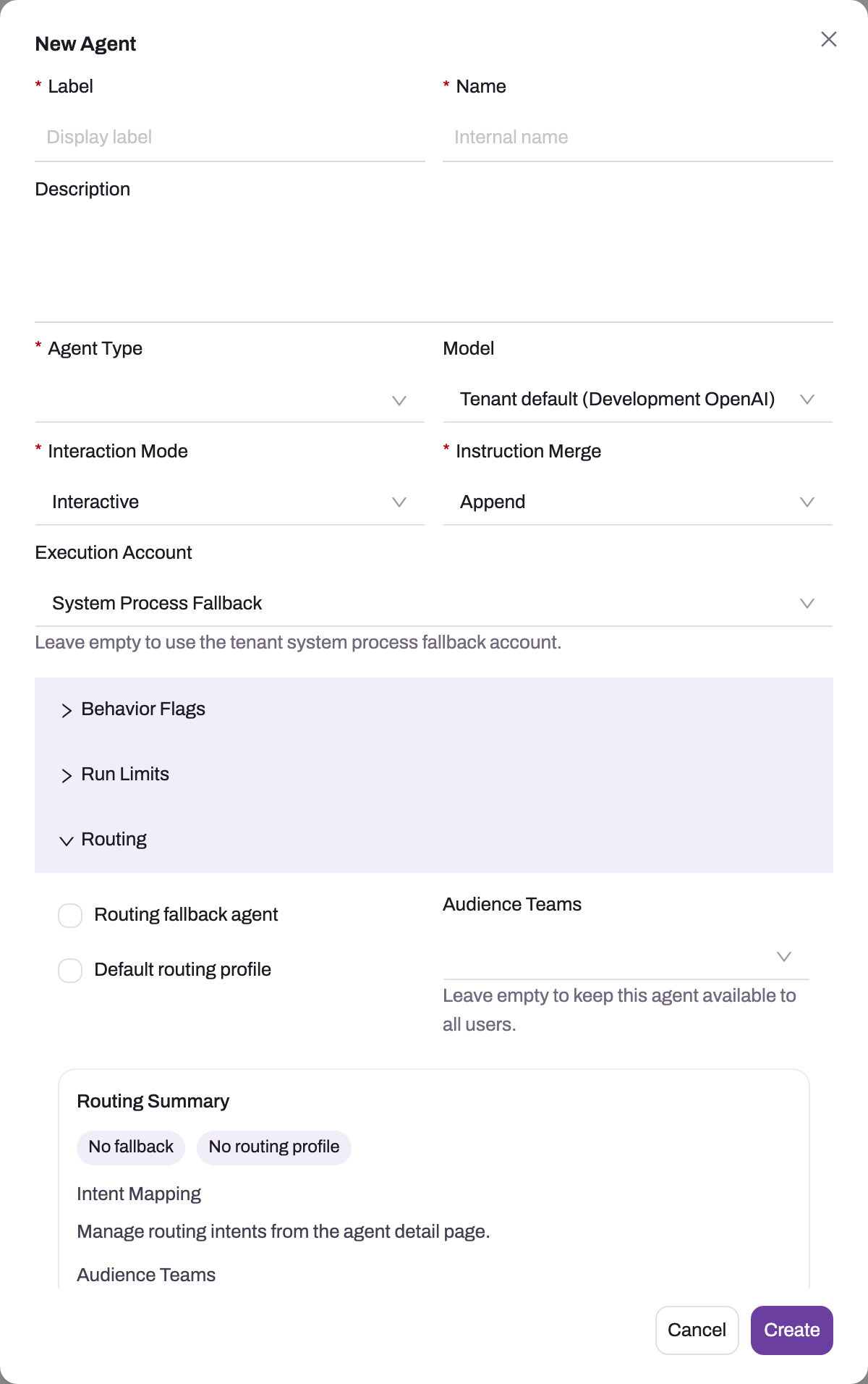 New Agent dialog with the Routing panel expanded, showing Routing fallback agent and Default routing profile checkboxes, an Audience Teams selector and a Routing Summary that defers Intent Mapping to the agent detail page